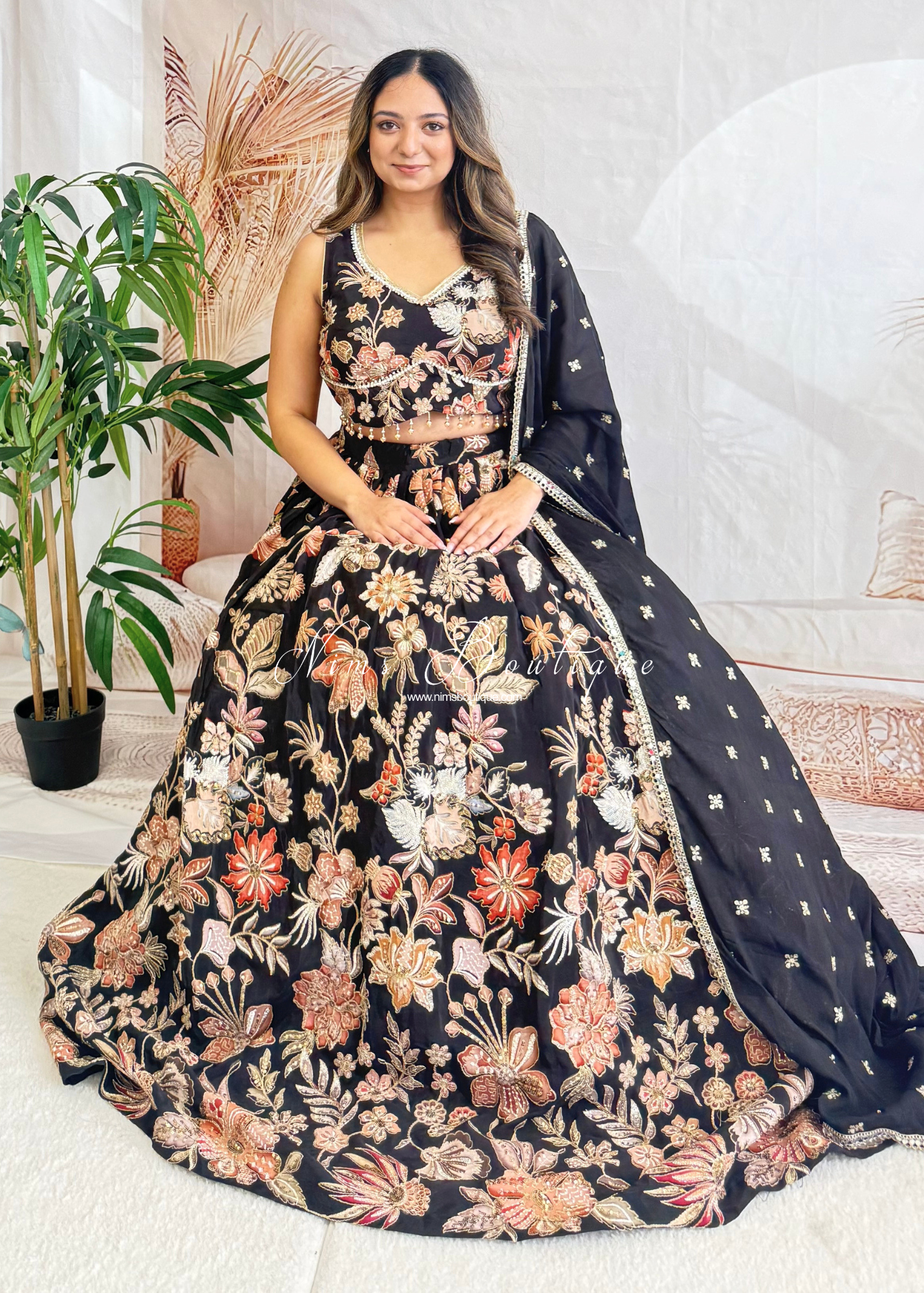 Luxury Black Floral Embellished Lehnga. Size 12