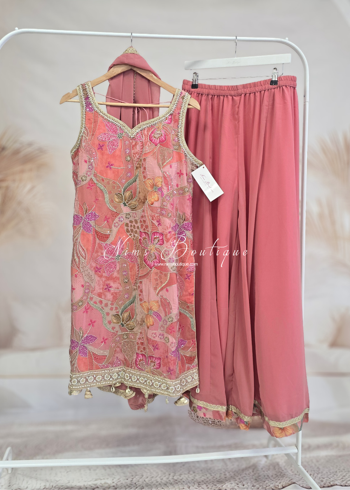 Coral Peach Floral Thread Embroidered Sharara Suit (size 14-16)