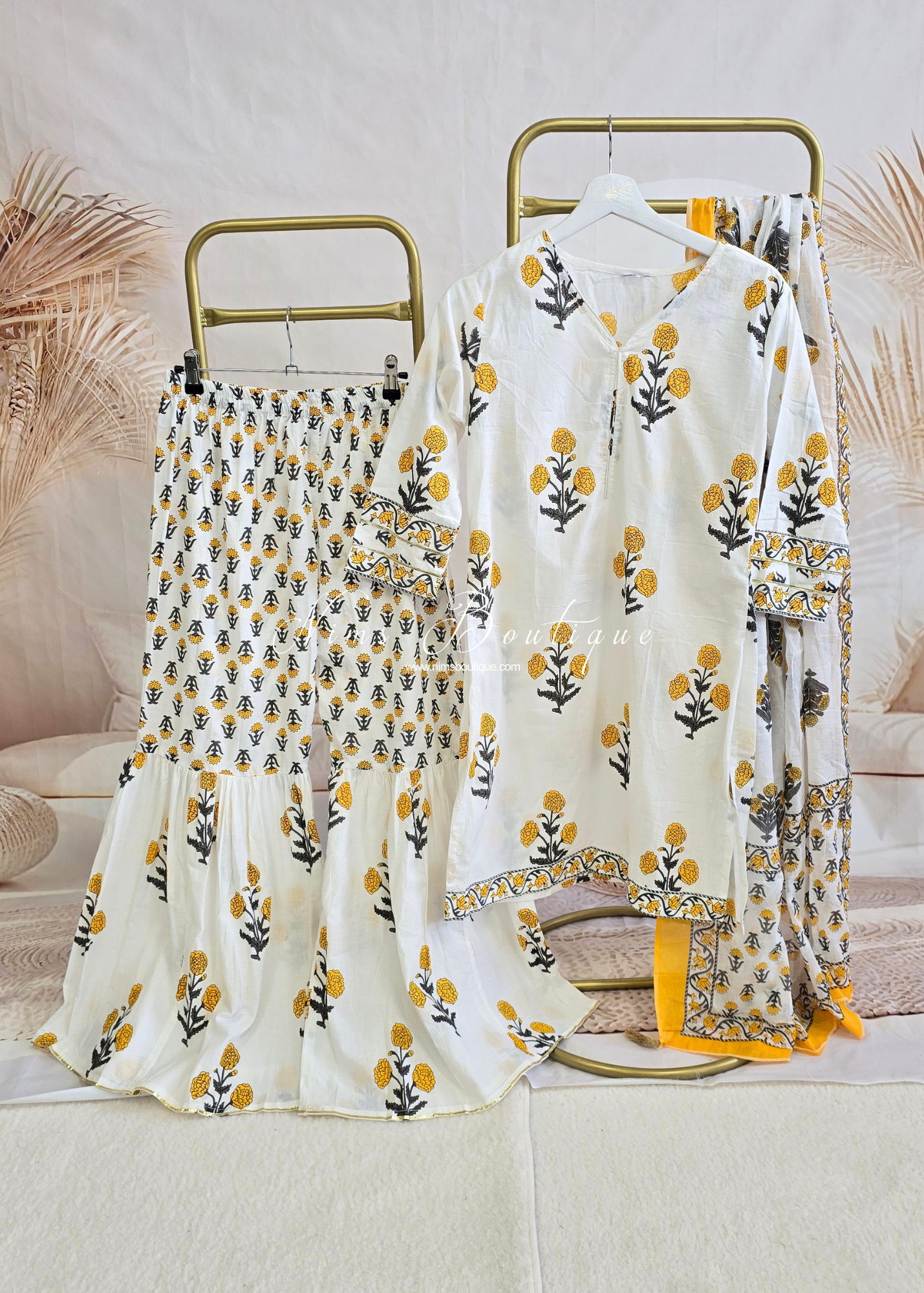 White Yellow Cottom Printed Floral Gharara Suit (size 14-18)