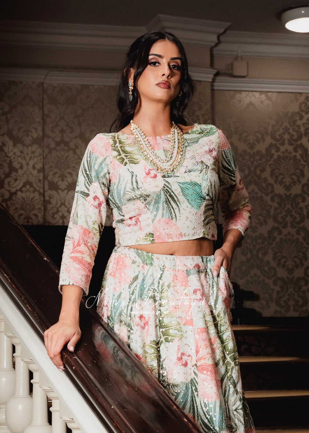 Isabella Long Sleeve Ivory & Green Floral Blouse