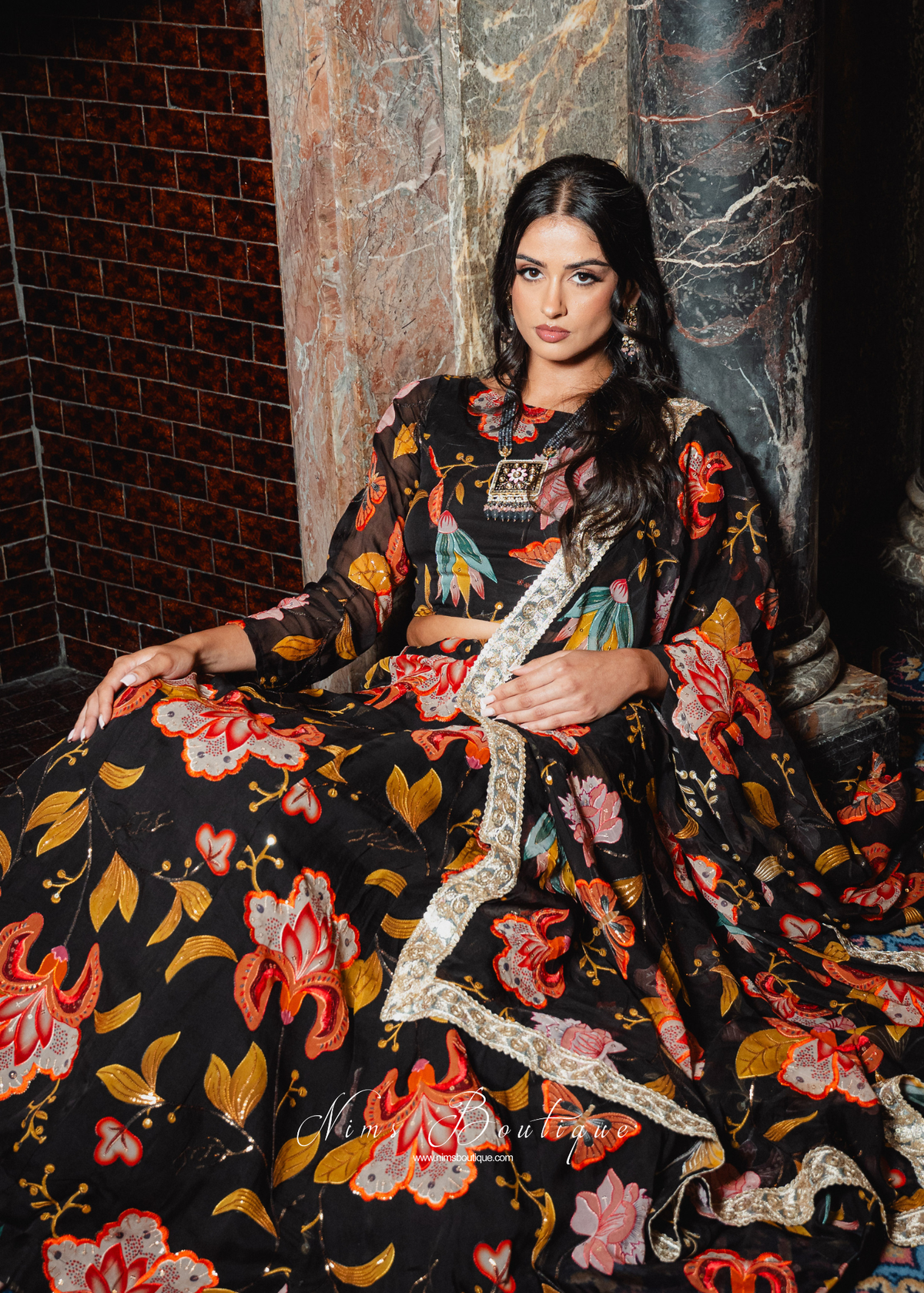 Evelina Black & Orange Floral Long Sleeve Blouse (sizes 6-24)