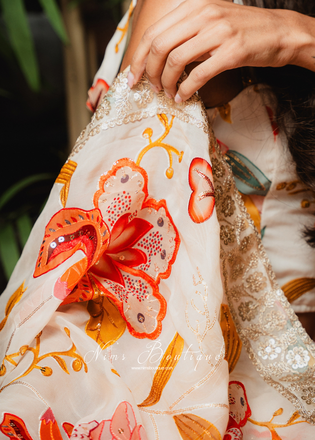 Evelina Ivory & Orange Floral Dupatta/Chunni