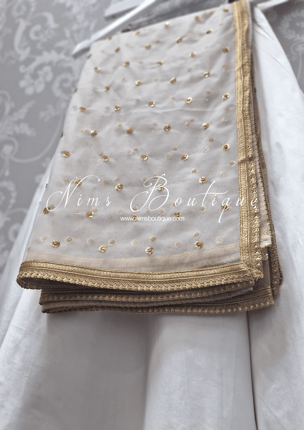 Nims Boutique Luxury Light Grey Net Sequin Dupatta/Chunni LNS3