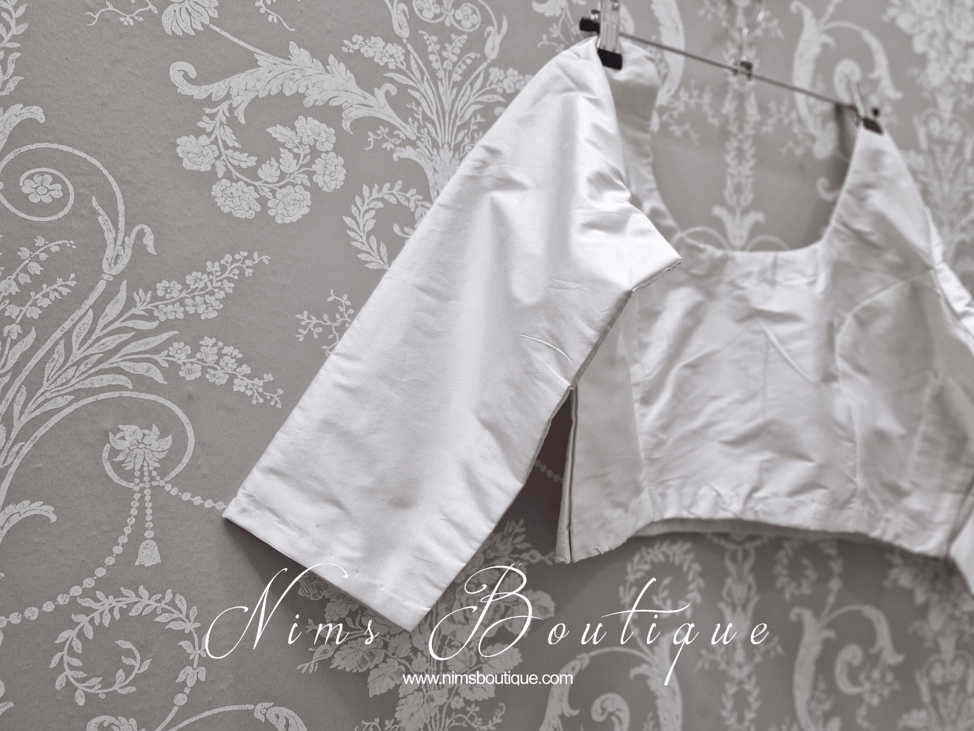 Nims Boutique White Pure Silk High Neck Blouse with sleeves size 4-26