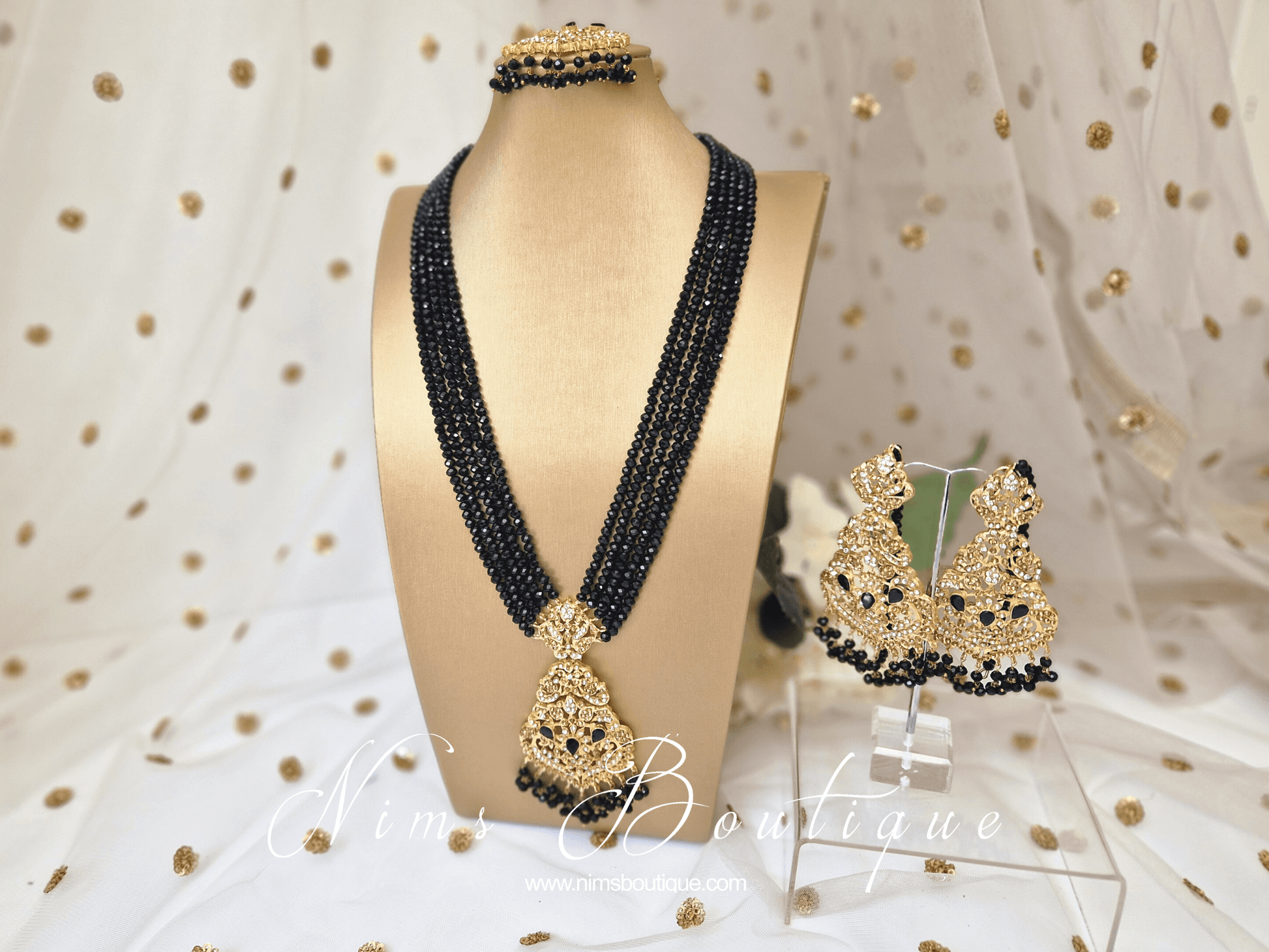Nims Boutique Neena Black & Gold Long Necklace Set