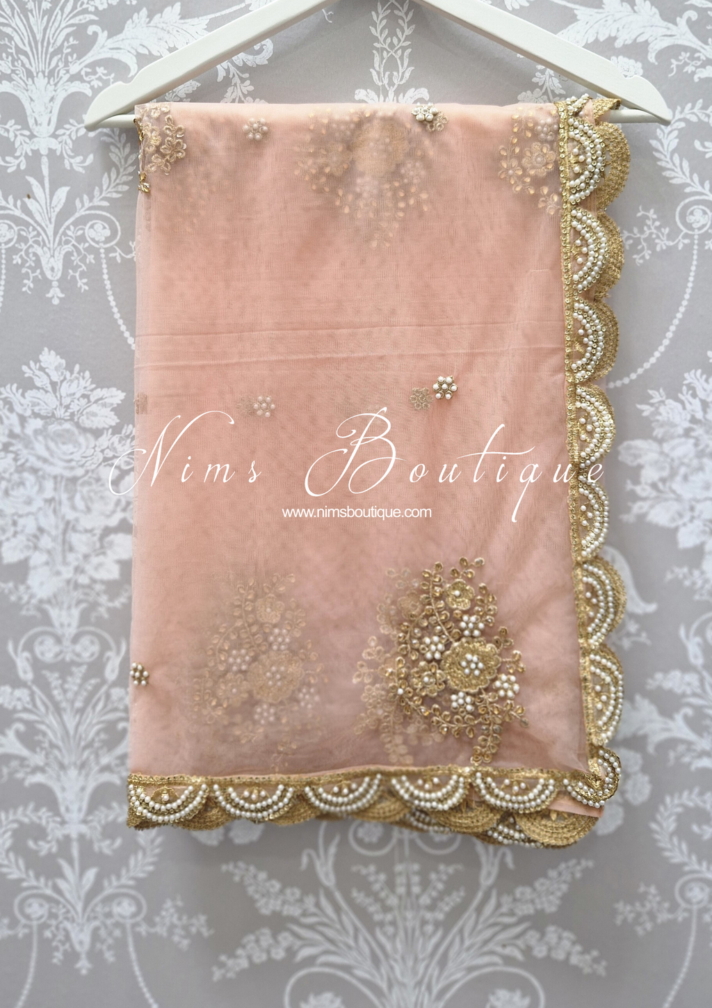 Nims Boutique Pastel Peach Net Pearl Embellished Dupatta/Chunni with Luxury Pearl Edging