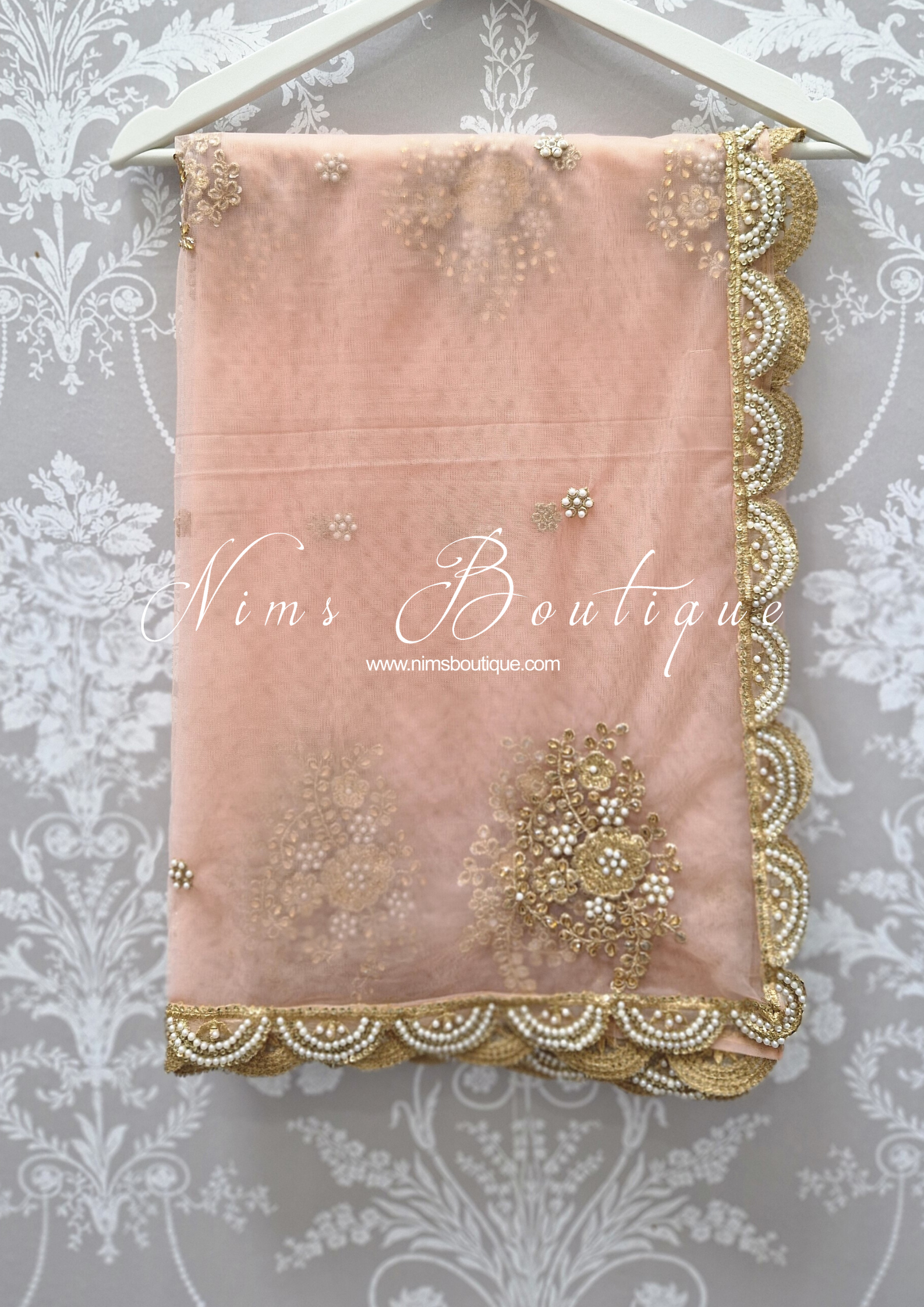 Nims Boutique Pastel Peach Net Pearl Embellished Dupatta/Chunni with Luxury Pearl Edging