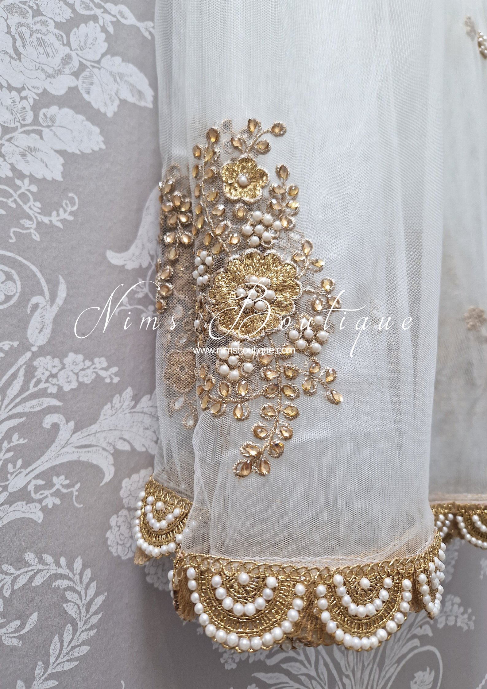 Nims Boutique White Net Pearl Embellished Dupatta/Chunni with Luxury Pearl Edging NPE2