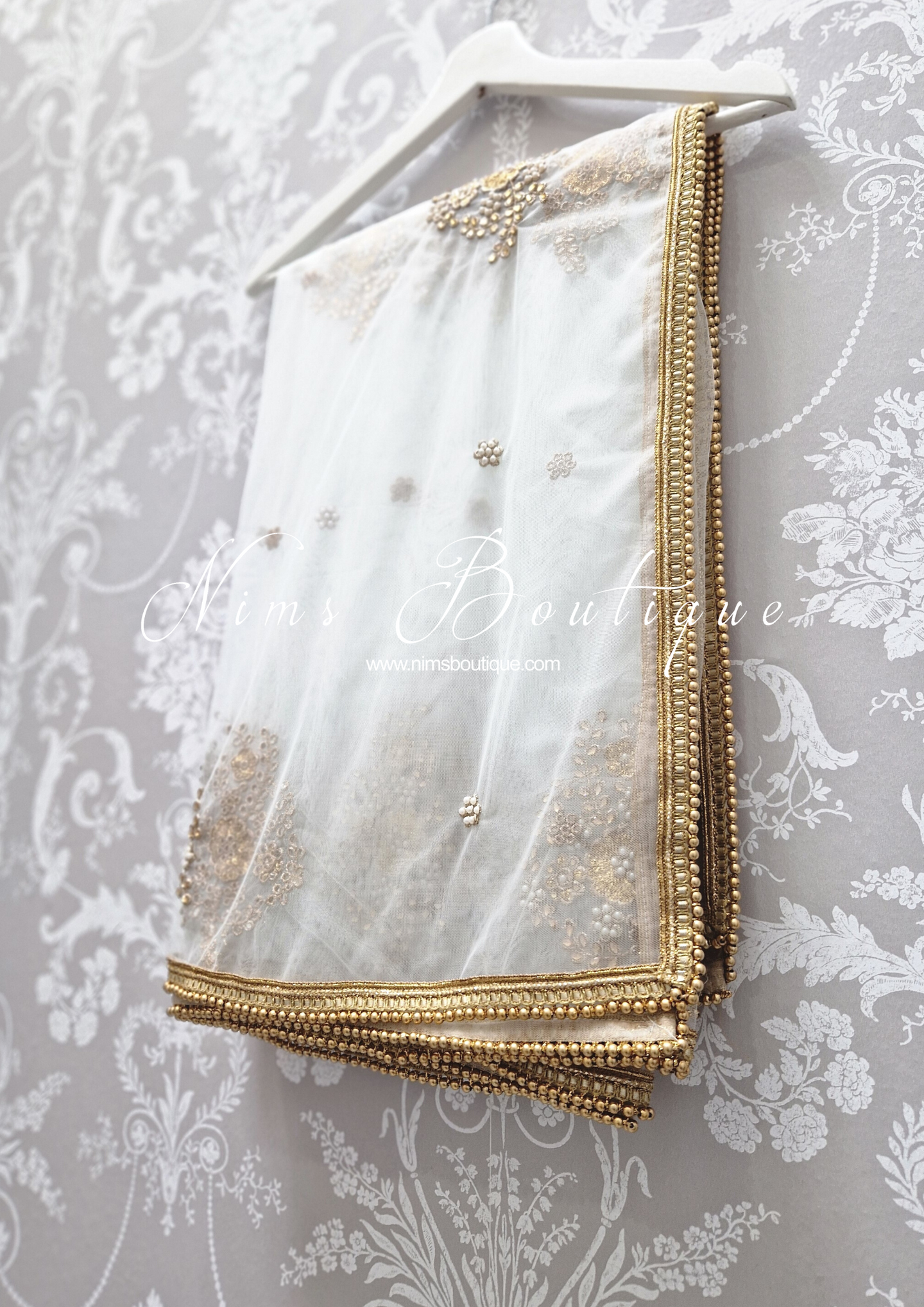 White Net Pearl Embellished Dupatta/Chunni with Gold Bead Edging (GB2)