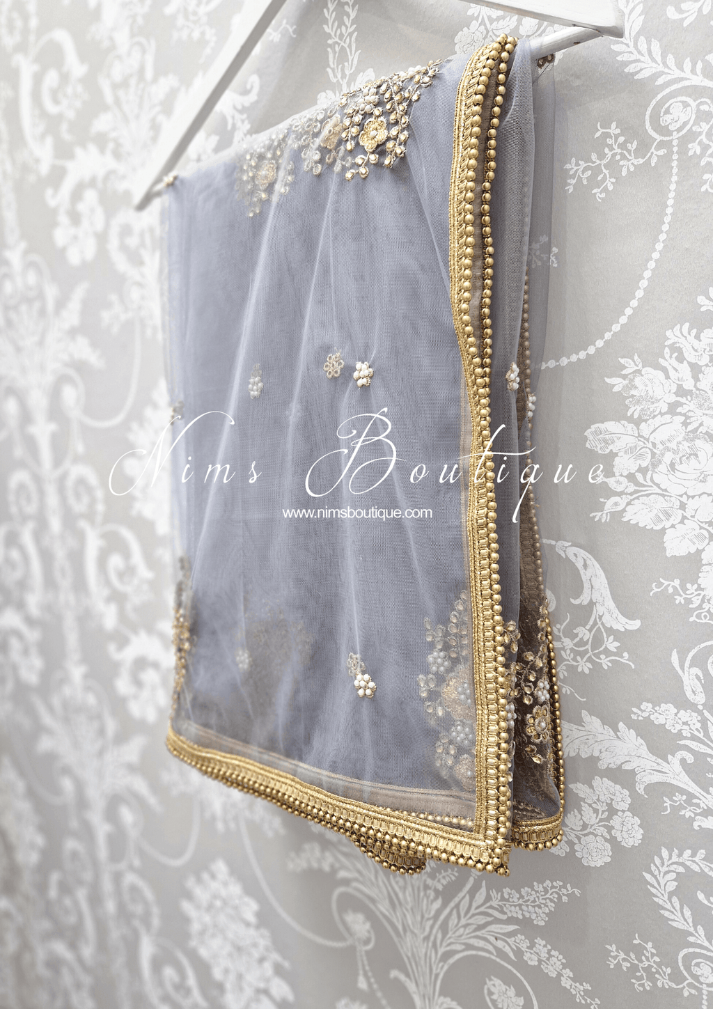 Nims Boutique Grey Net Pearl Embellished Dupatta/Chunni with Gold Bead Edging GB1