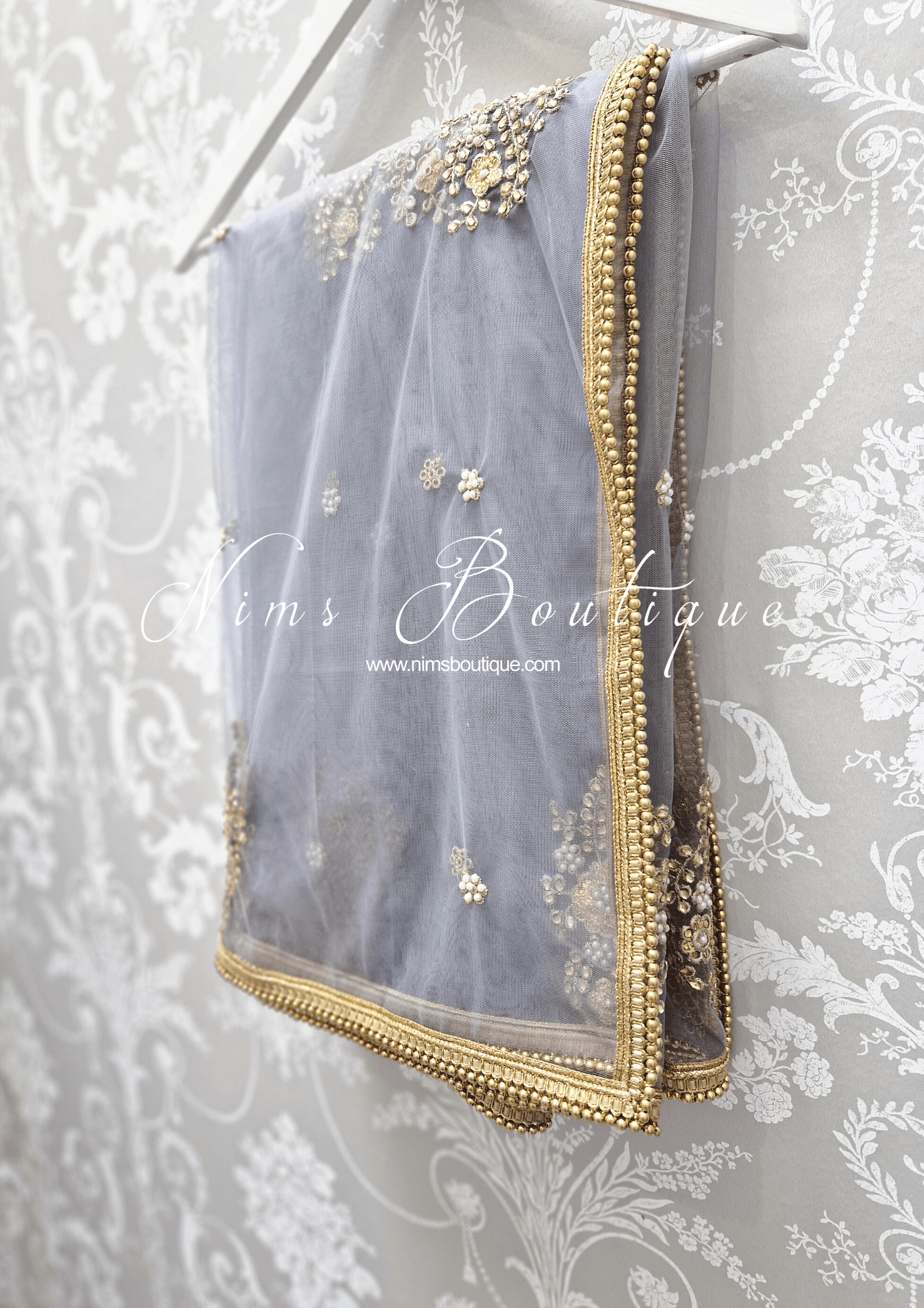 Nims Boutique Grey Net Pearl Embellished Dupatta/Chunni with Gold Bead Edging GB1