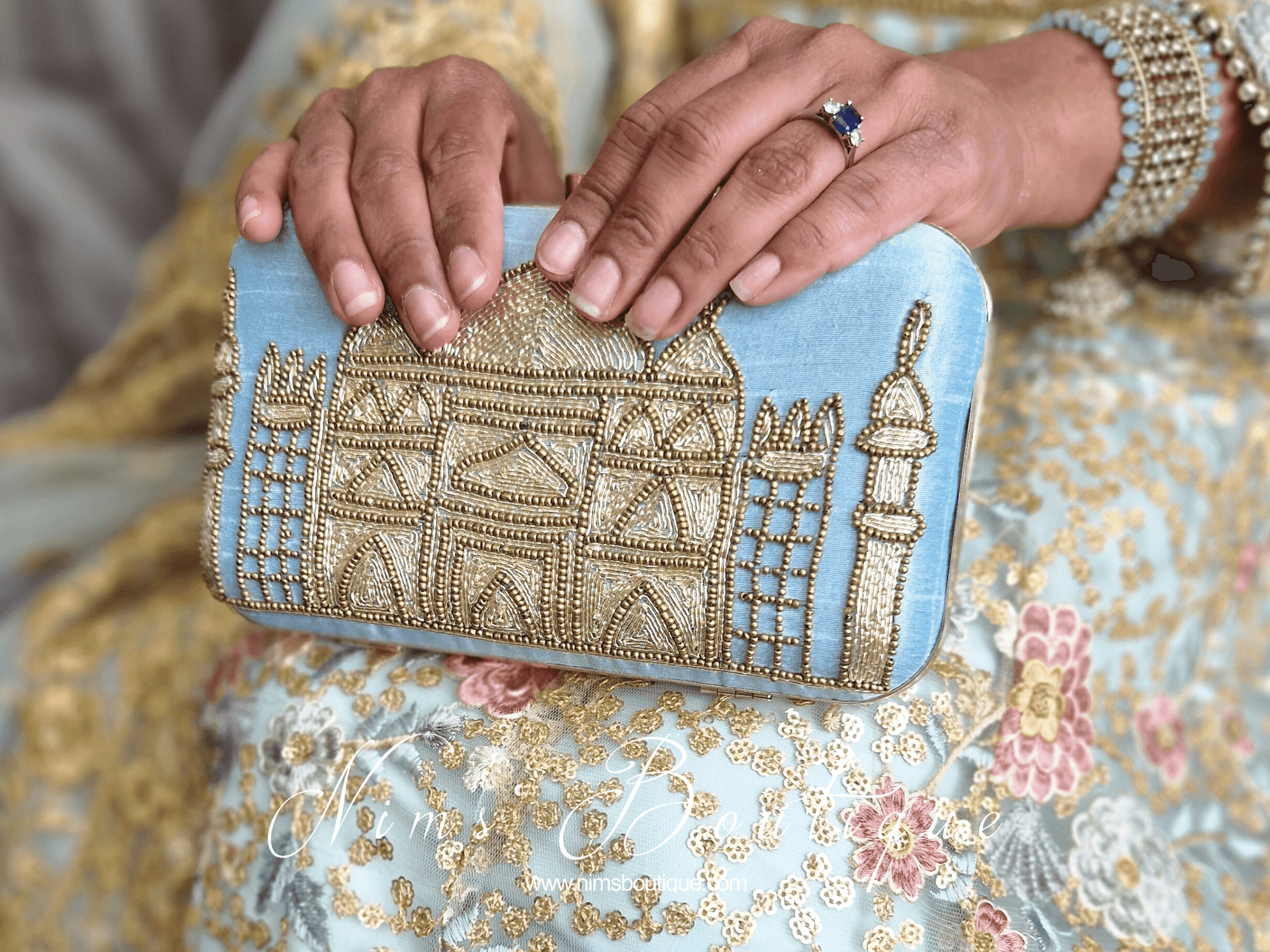 Nims Boutique Taj Pastel Blue Raw Silk Clutch Bag