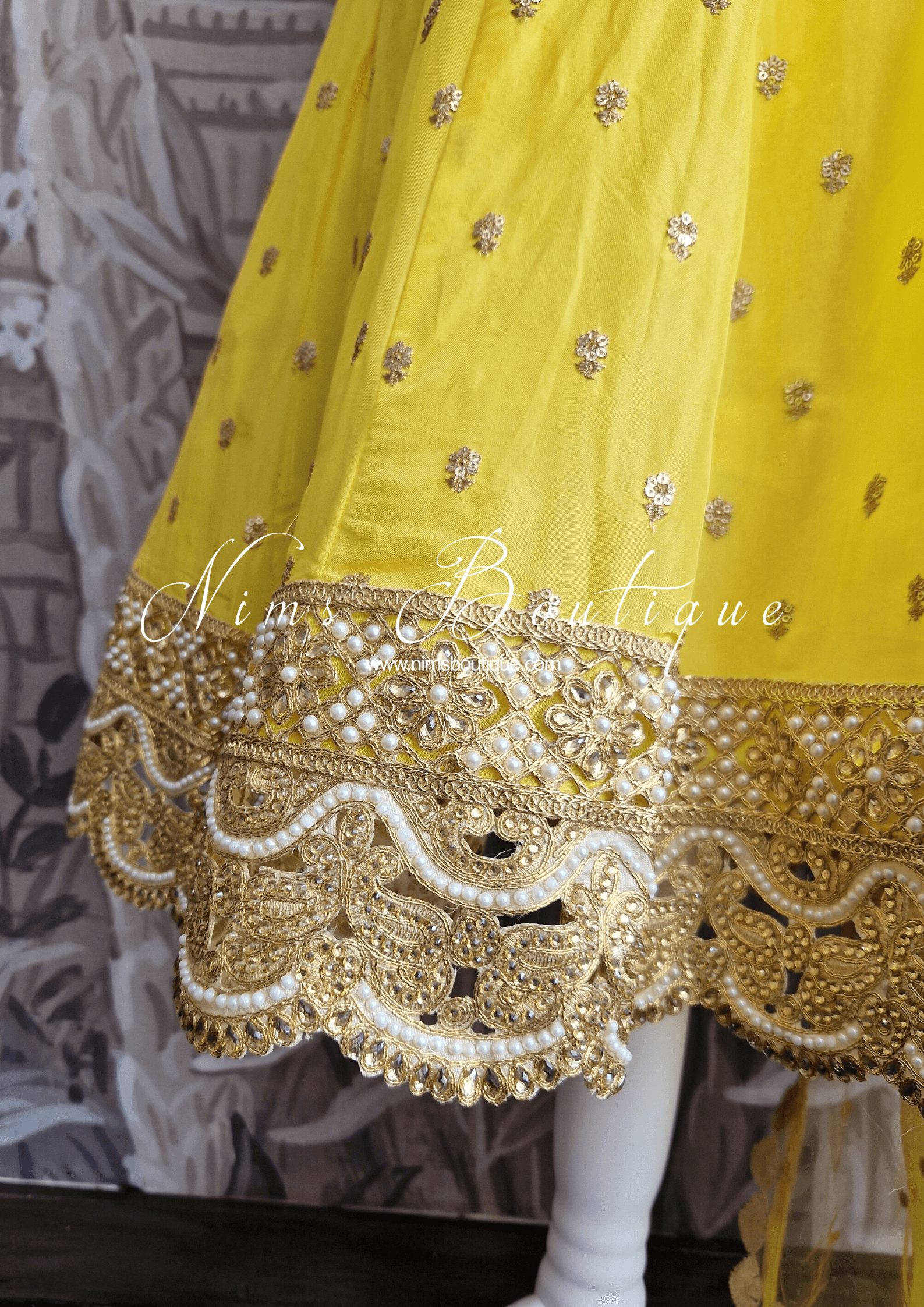 Nims Boutique The NB Luxury Yellow Silk Anarkali with Pajami size 8-12