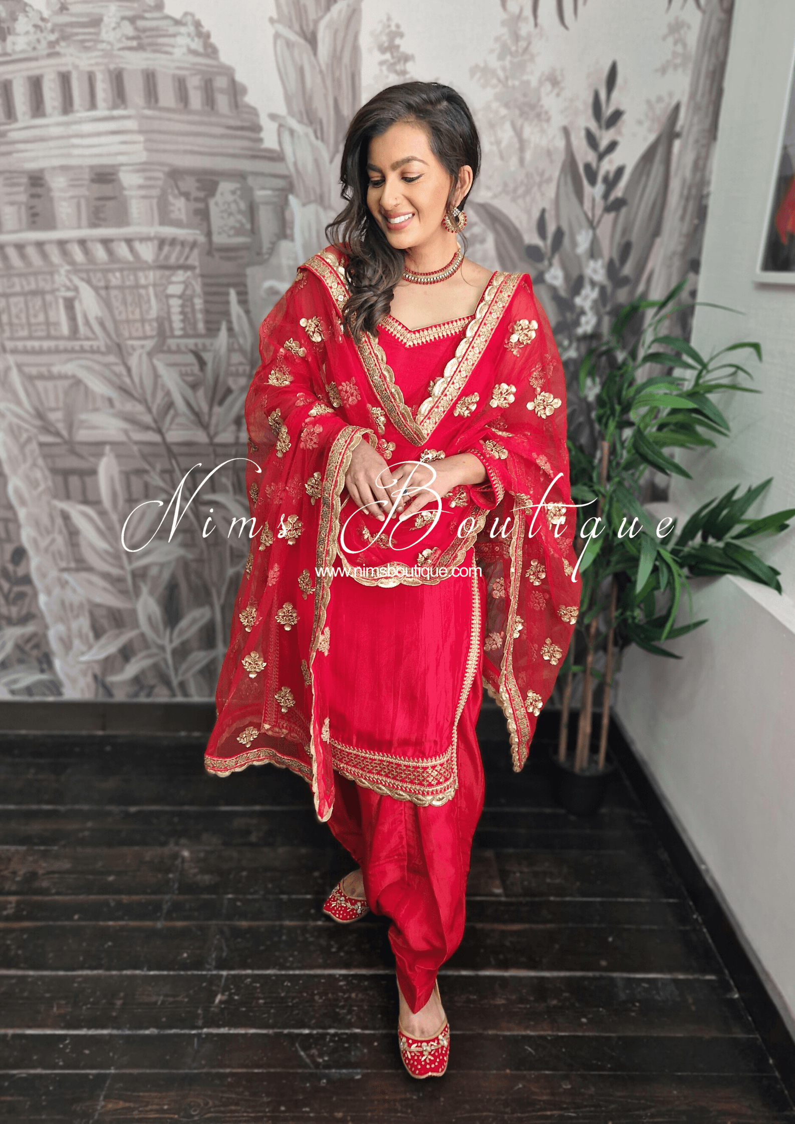 Nims Boutique The NB Classic Long Sleeved Red Silk Salwar Suit sizes 4-18
