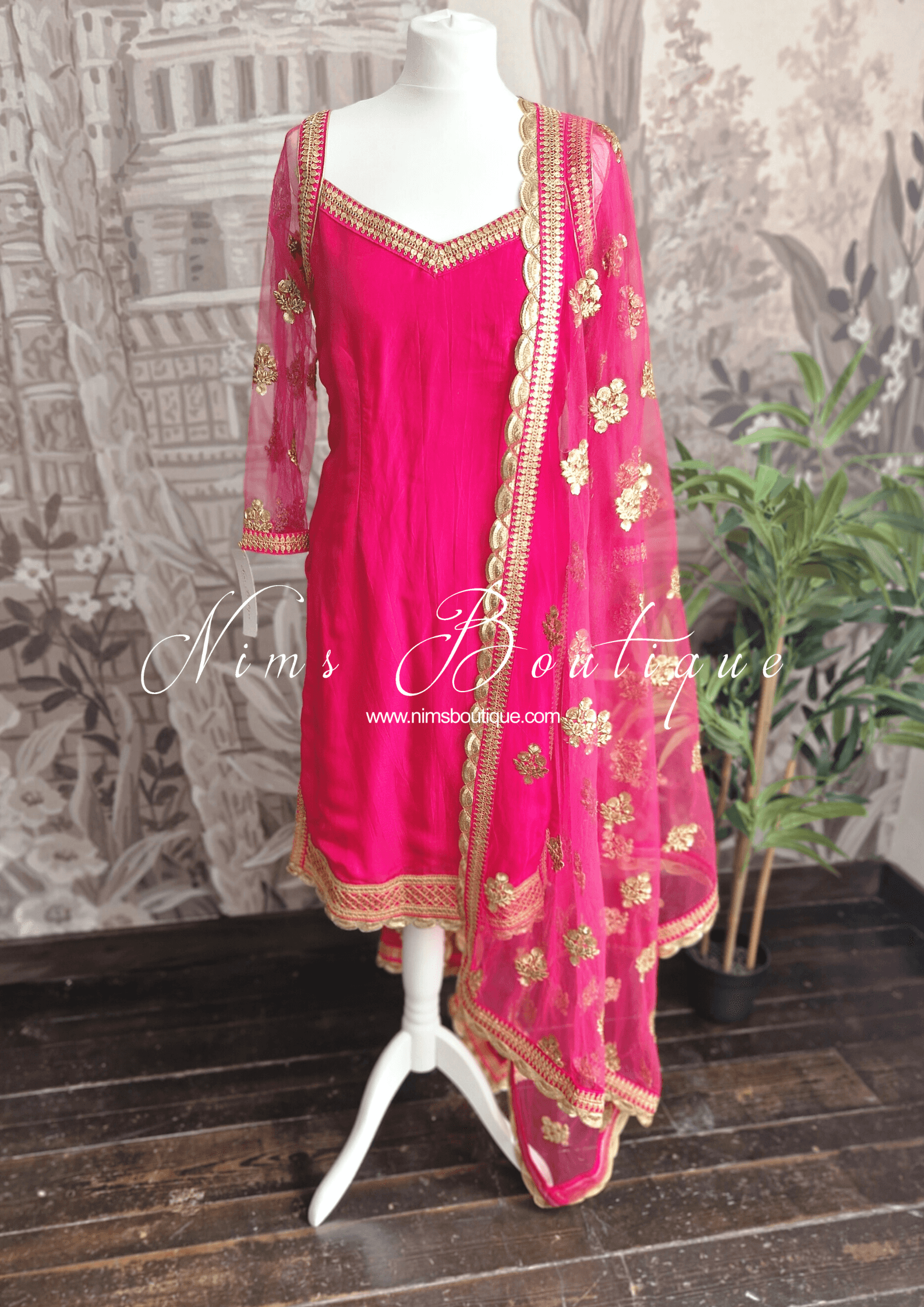Nims Boutique The NB Classic Long Sleeved Hot Pink Silk Pajami Suit sizes 12 to 22