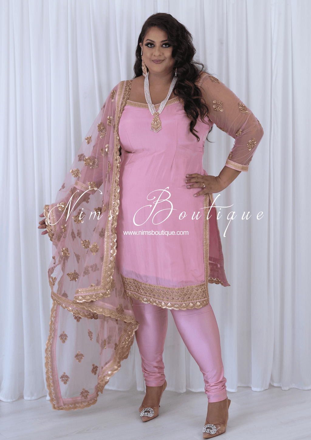 Nims Boutique The NB Classic Long Sleeved Blush Pink Silk Pajami Suit sizes 16 to 26