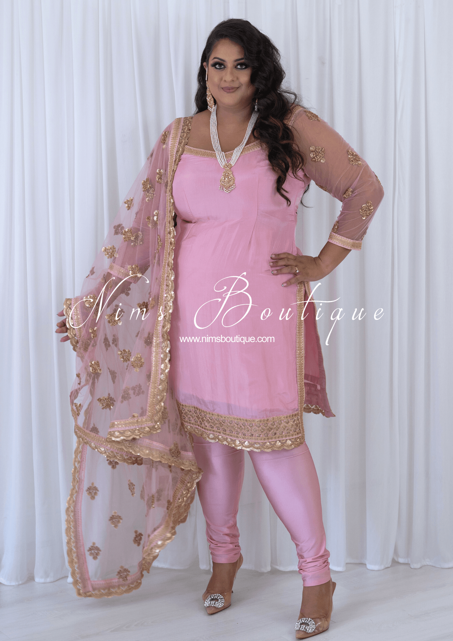 Nims Boutique The NB Classic Long Sleeved Blush Pink Silk Pajami Suit sizes 16 to 26