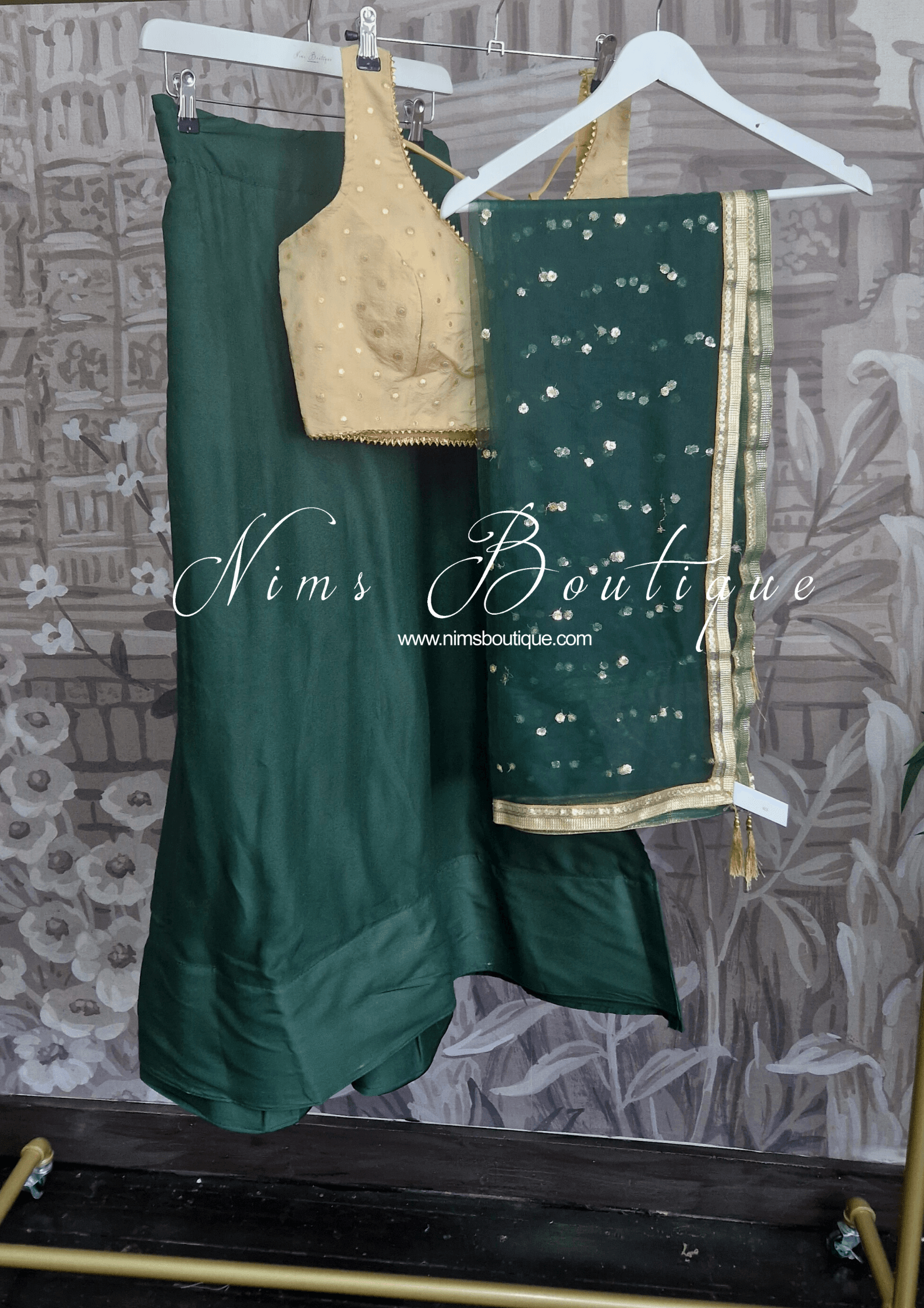 Nims Boutique Dark Green Net Sequin Dupatta/Chunni NS8