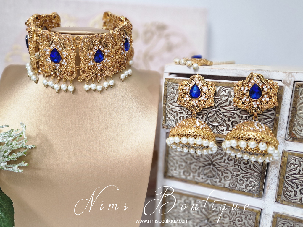 Nims Boutique Royal Blue Stone & Pearl Maharani Choker Set