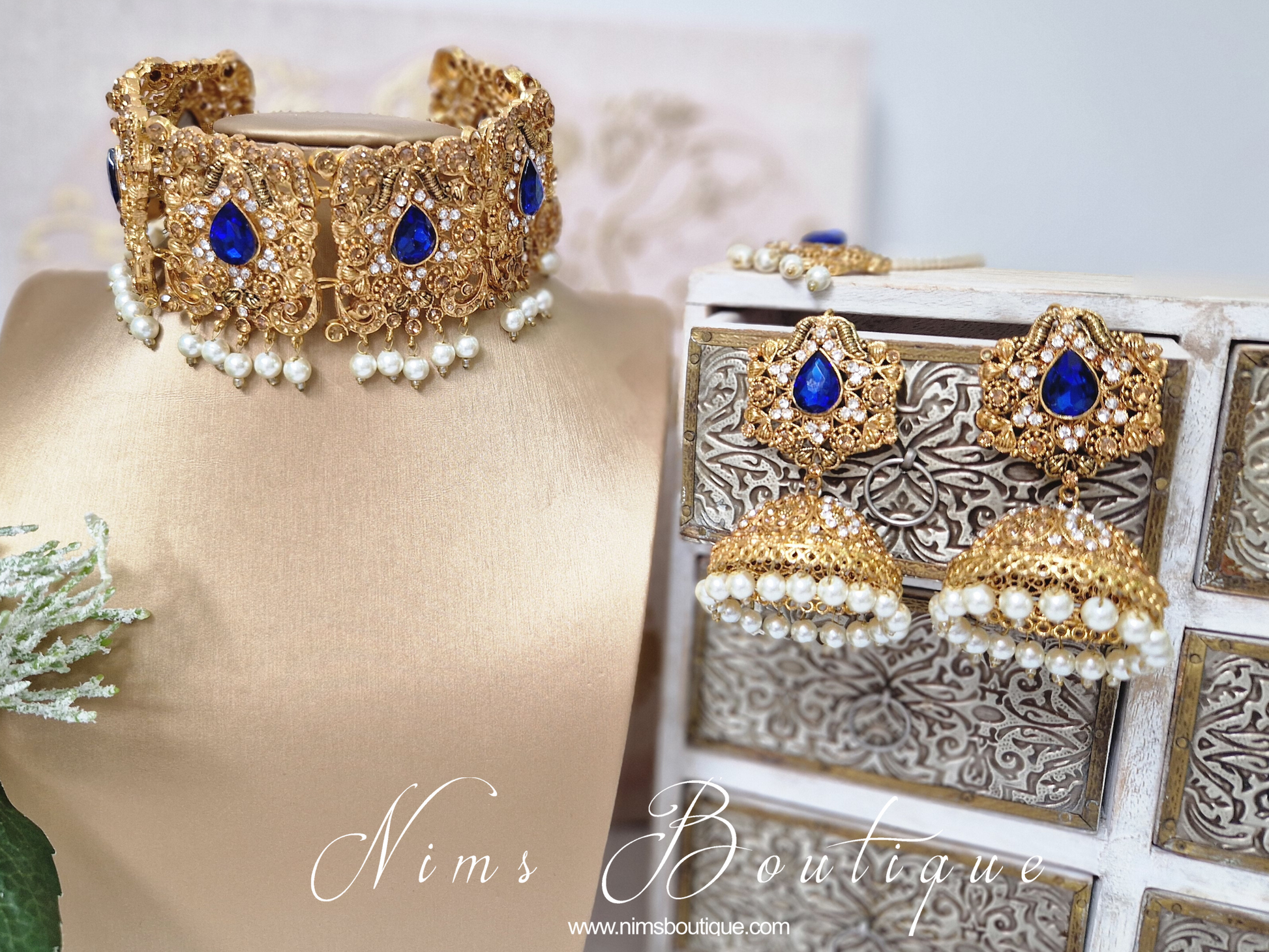 Nims Boutique Royal Blue Stone & Pearl Maharani Choker Set