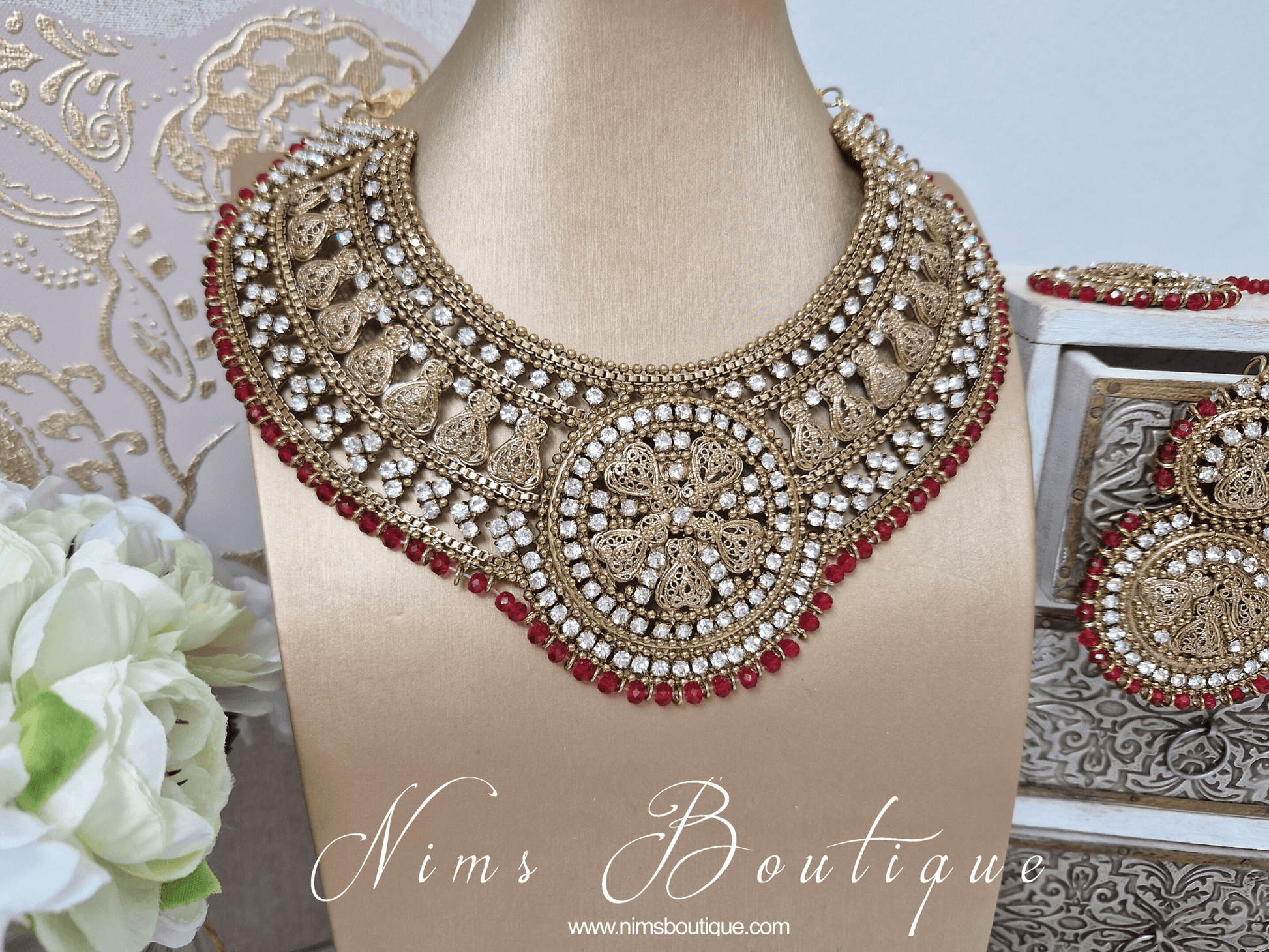 Nims Boutique Madhubala Antique Gold & Red Bridal Set