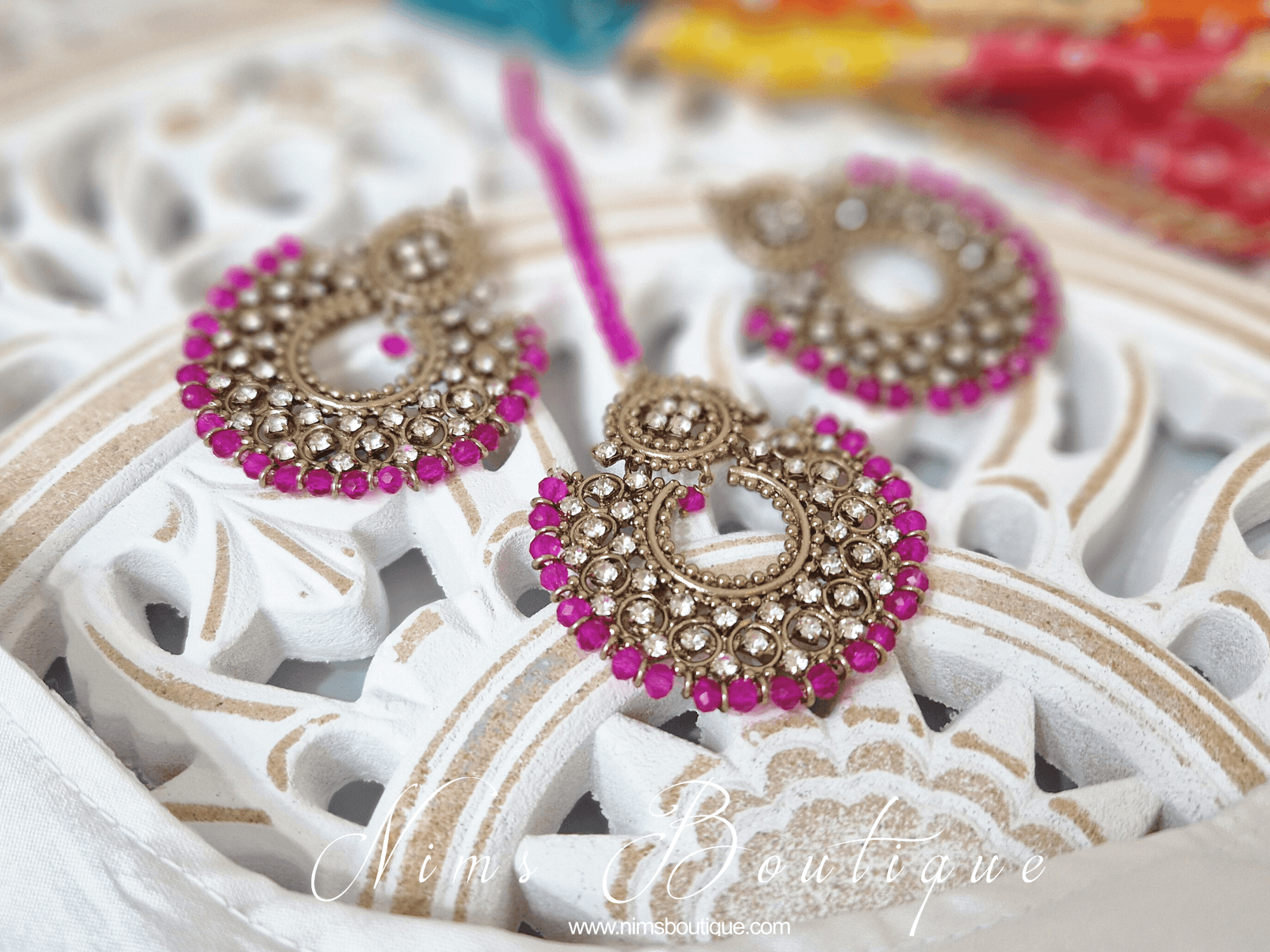 Nims Boutique Royal Antique Gold & Hot Pink Chand Tikka Set