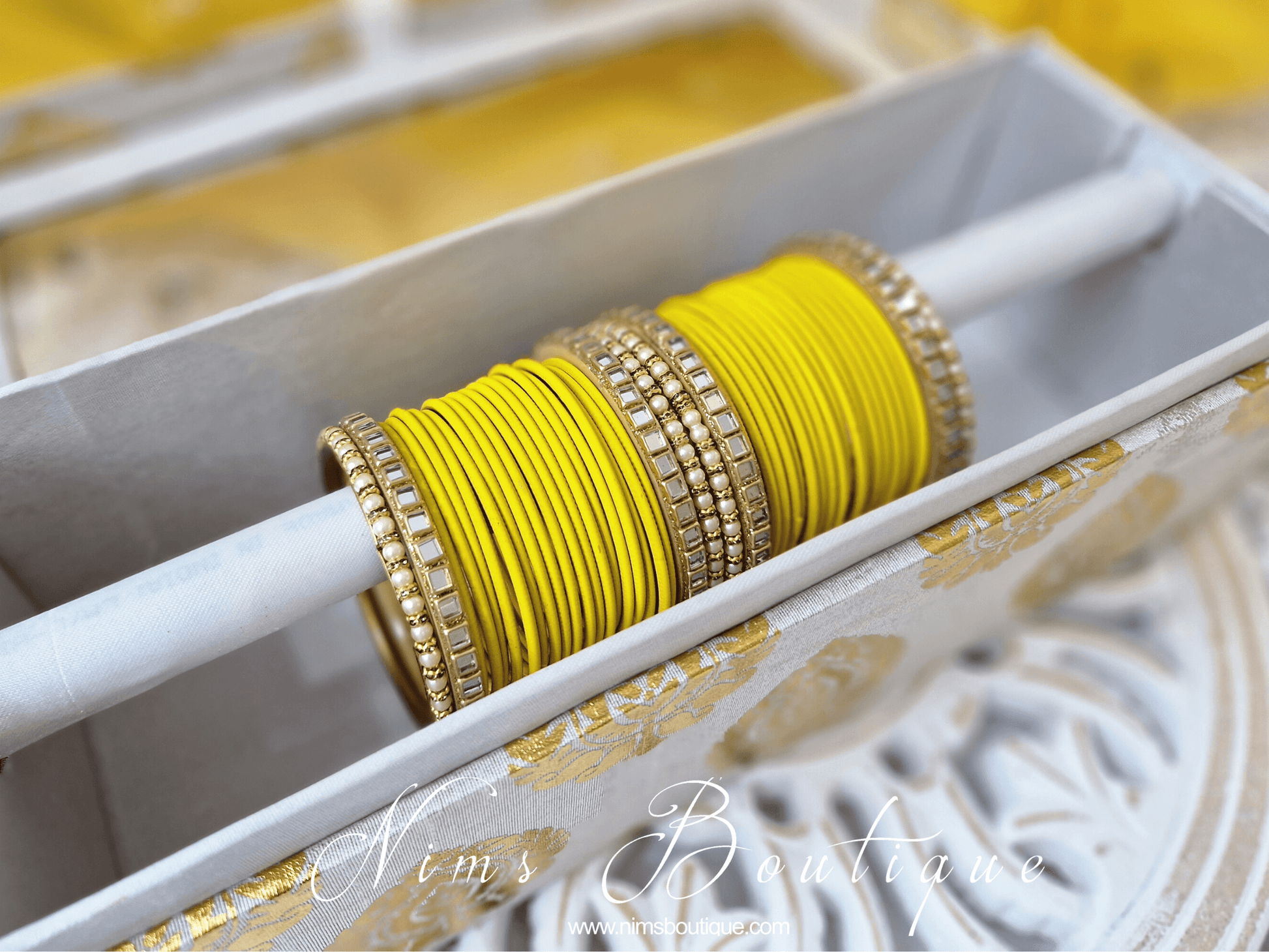 Nims Boutique Light Yellow & Kundan Set of Bangles LYN