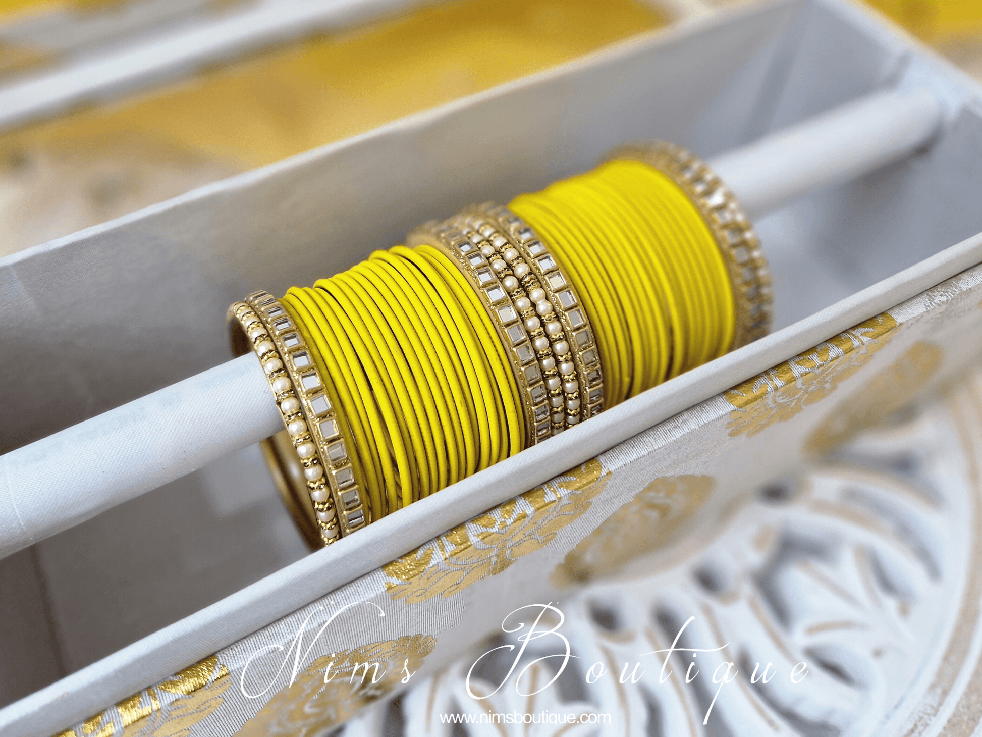 Nims Boutique Light Yellow & Kundan Set of Bangles LYN