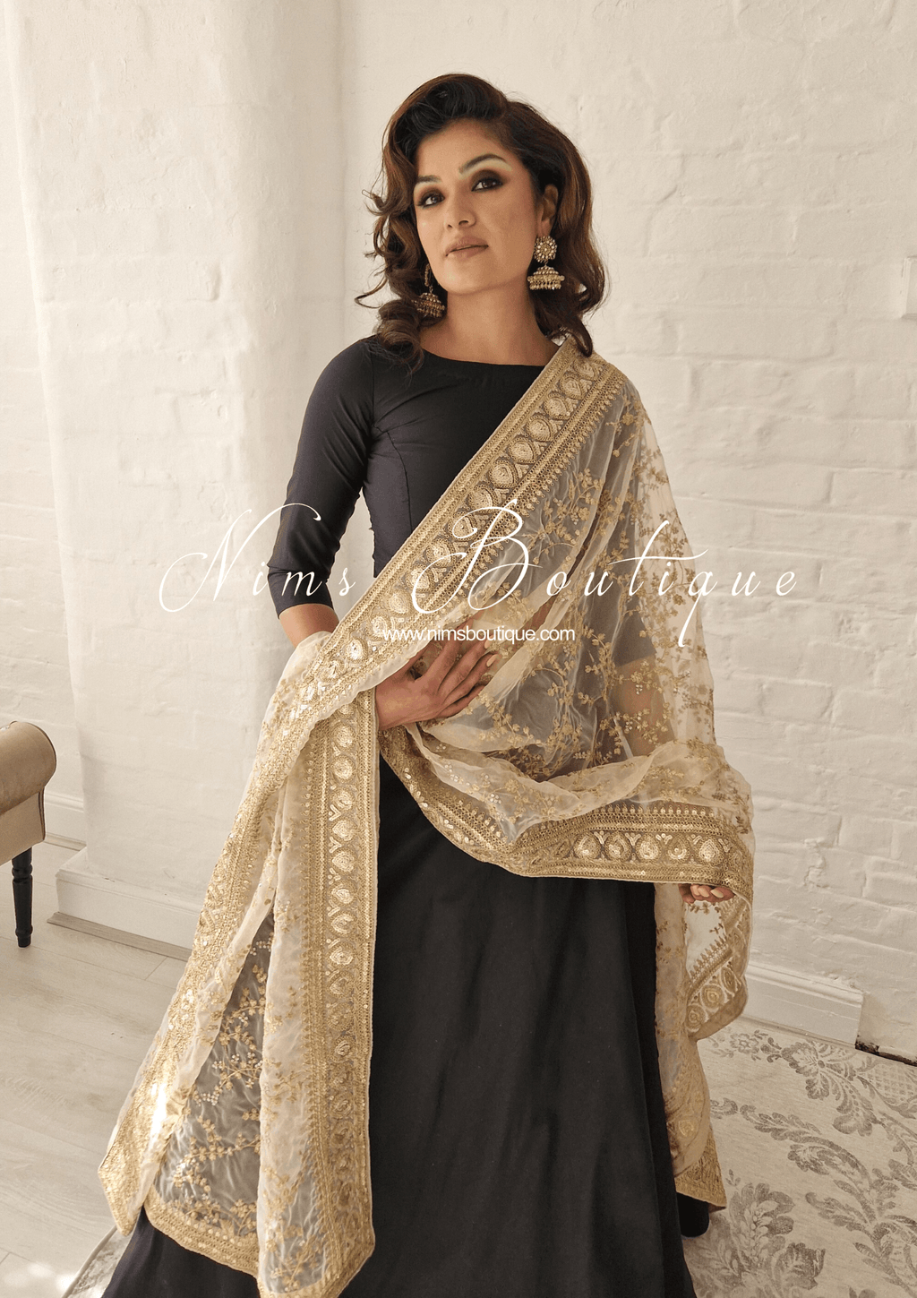Nims Boutique Mahi Luxury Light Gold Organza Embroidered Dupatta/Chunni
