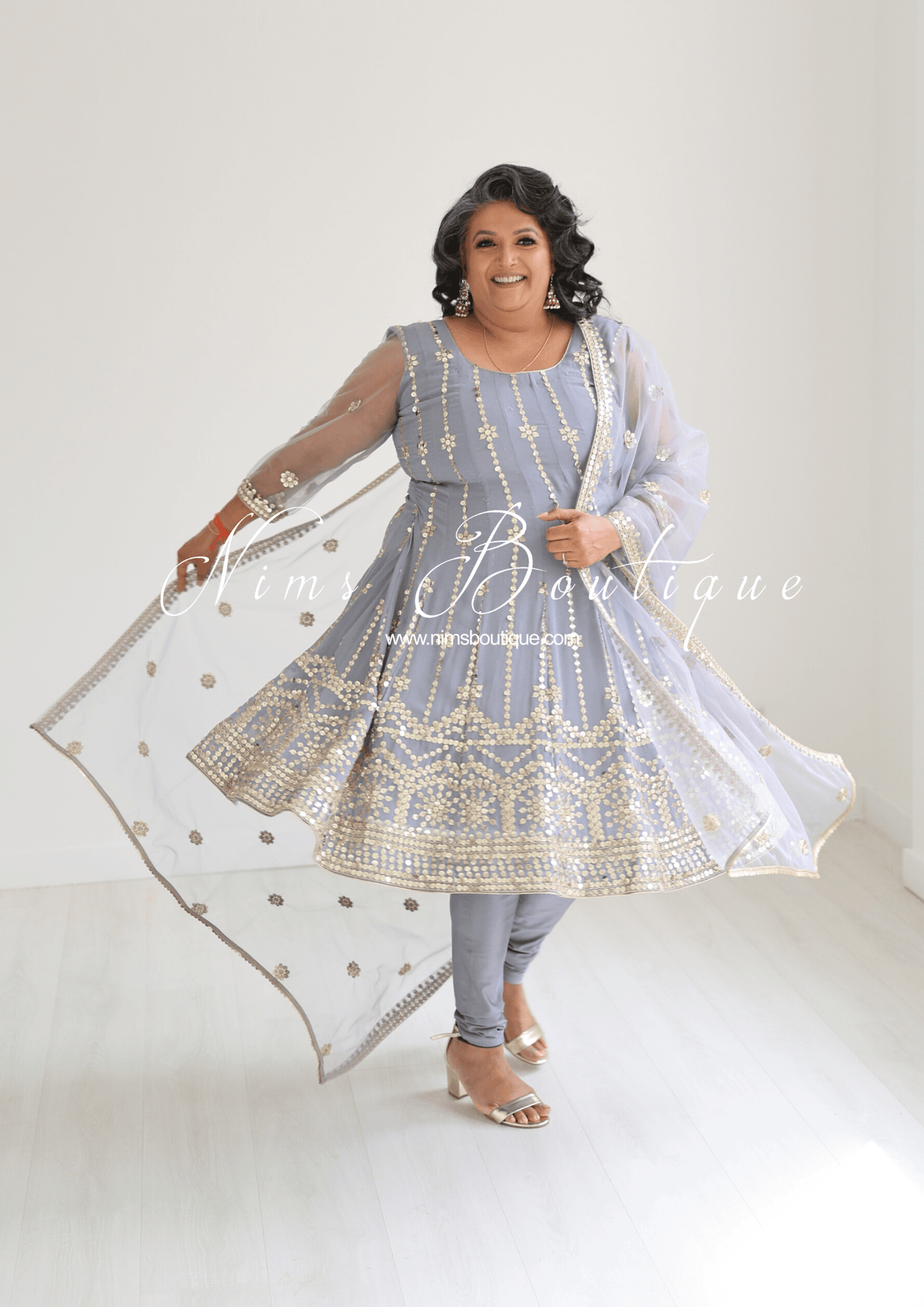 Sofiya Grey Sequin Long Sleeve Anarkali Suit with Pajami Sizes 16 22