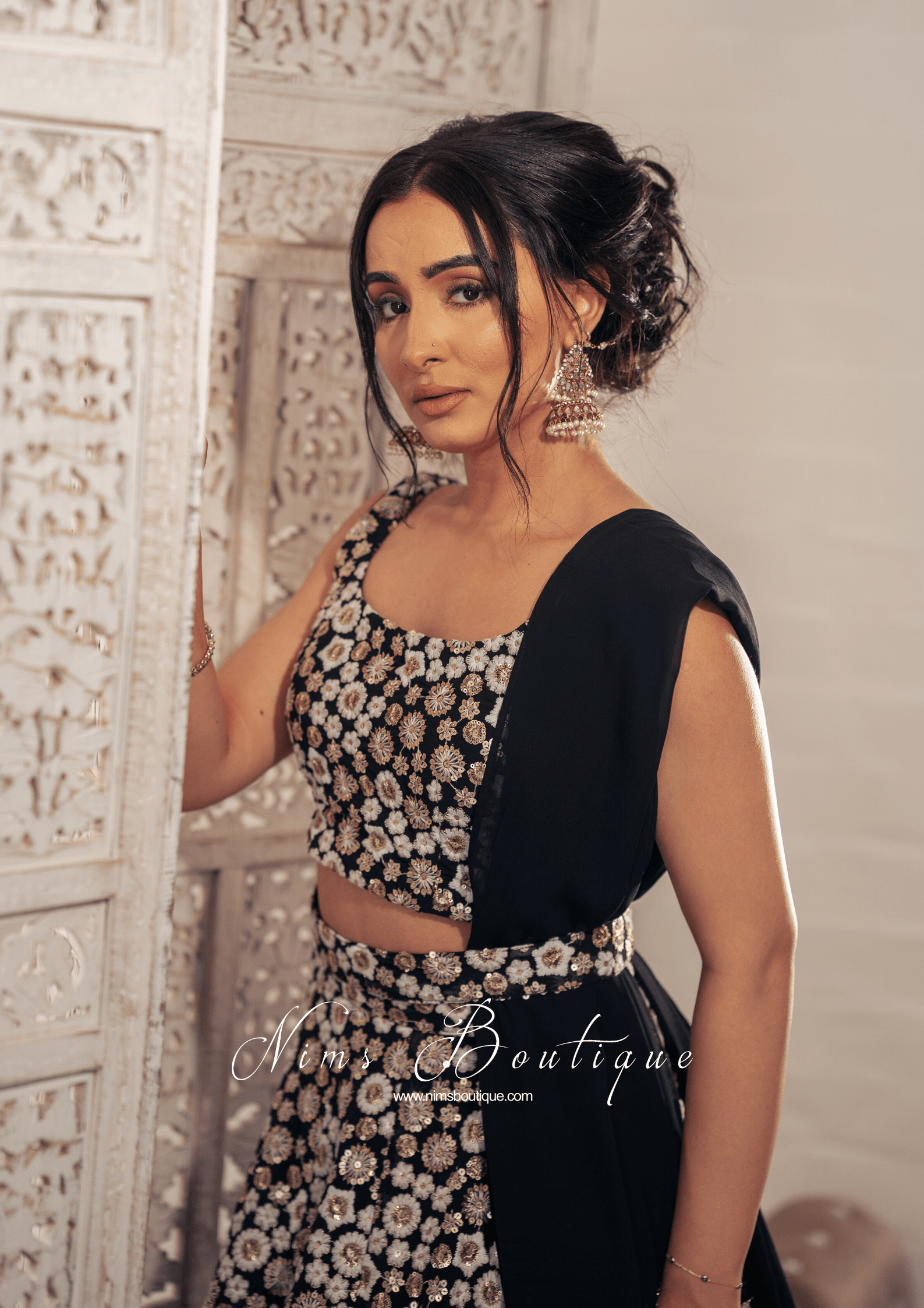 Nims Boutique Luxury Black & Ivory Sequin Bow Lehnga 6-14