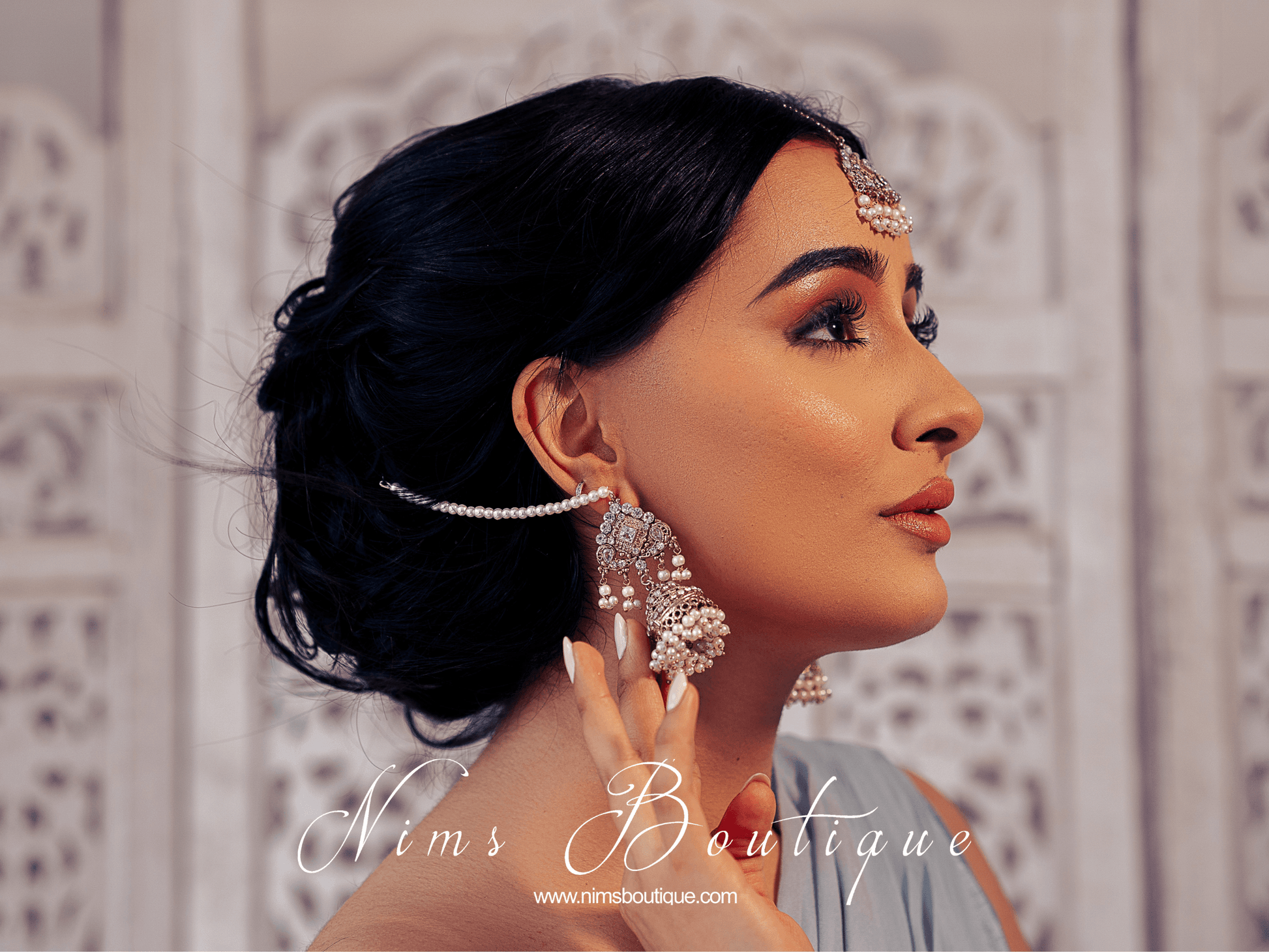 Nims Boutique Tamannah Royal Pearl Earrings & Tikka Set
