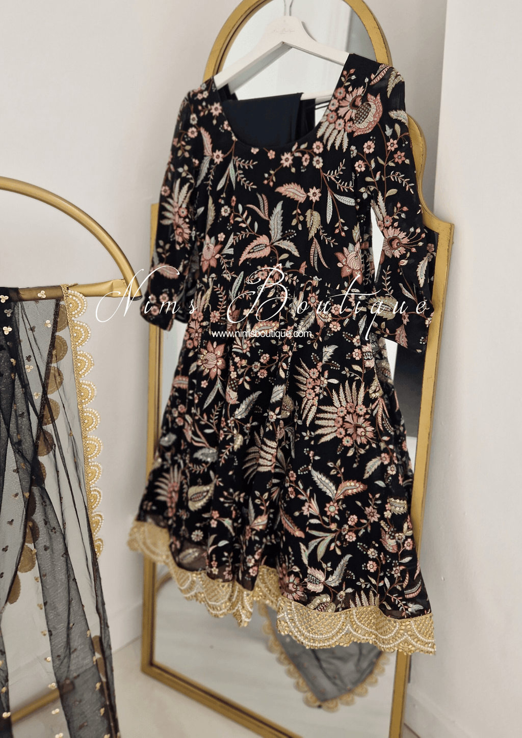 Nims Boutique Sarika Black Luxury Long Sleeved Anarkali Suit with Pajami sizes 4-14