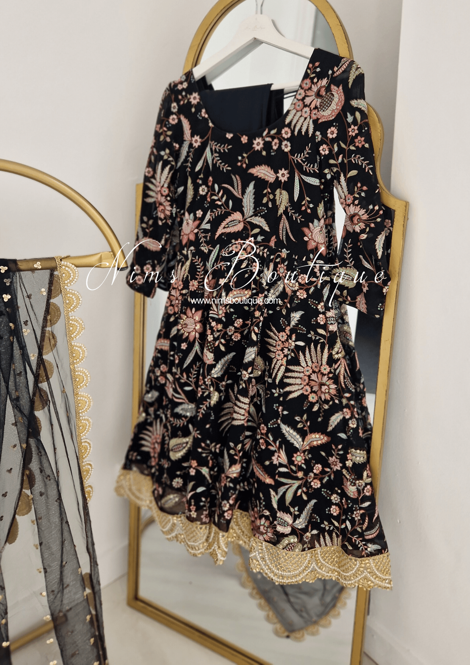 Nims Boutique Sarika Black Luxury Long Sleeved Anarkali Suit with Pajami sizes 4-14