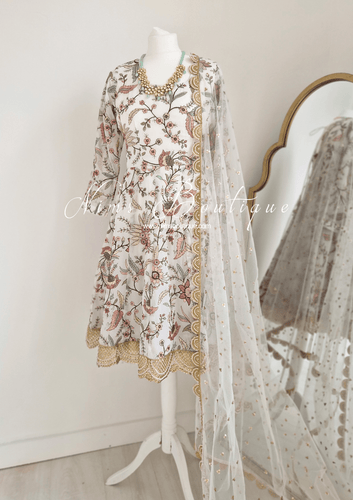 Sarika White Luxury Long Sleeved Anarkali Suit with Pajami (size 4-14)