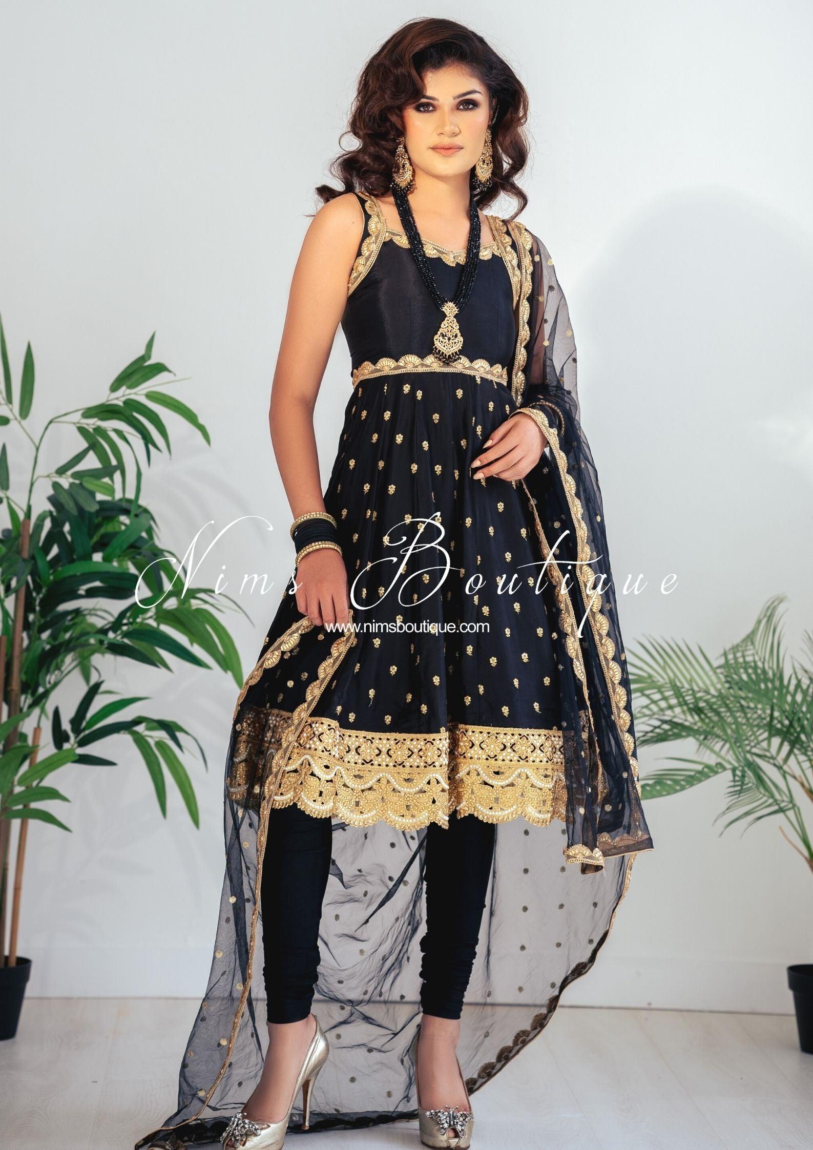 Nims Boutique The NB Luxury Black Silk Anarkali with Pajami size 4-16