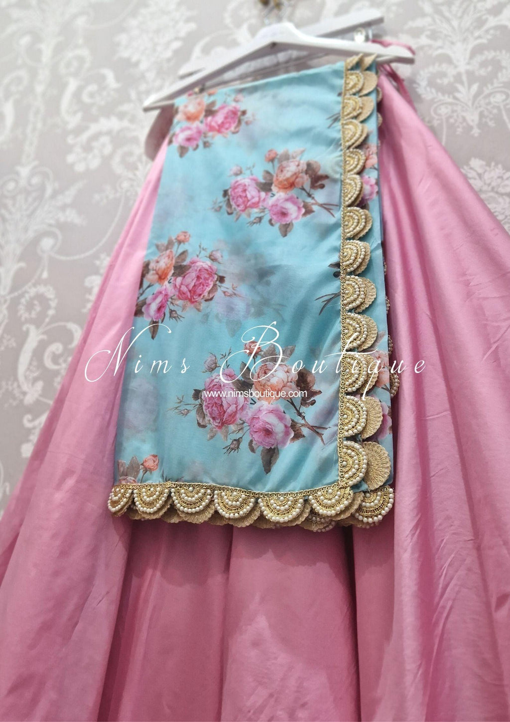 Nims Boutique Luxury Blue Organza Floral Dupatta/Chunni with Pearl Edging