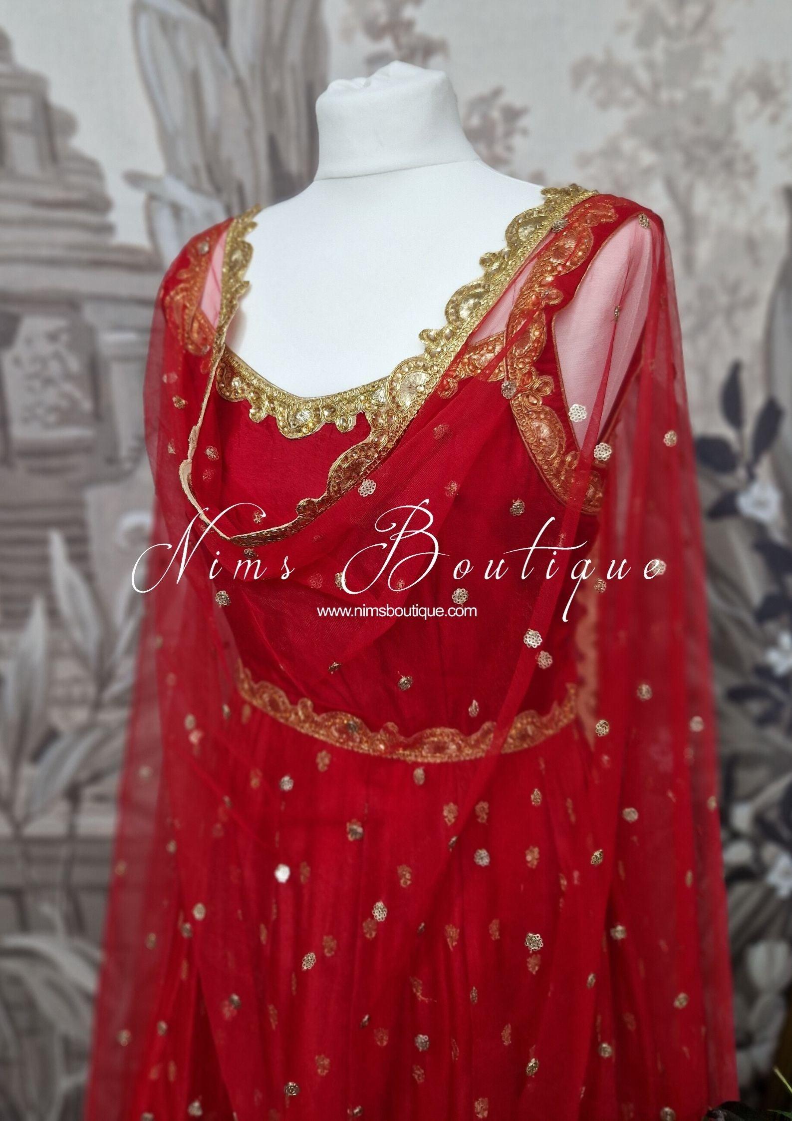 Nims Boutique The NB Luxury Red Silk Anarkali with Pajami size 4-12