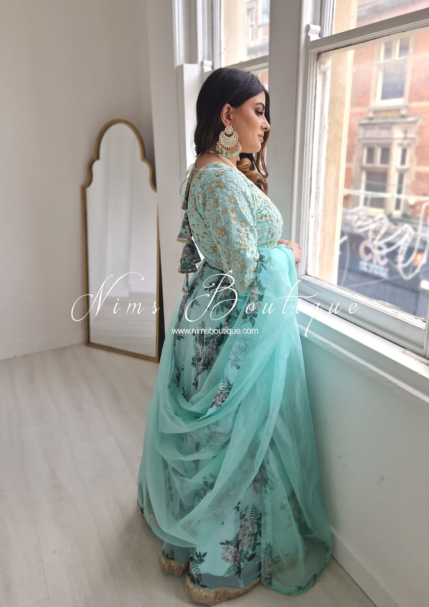 Nirupa Luxury Aqua Floral Long Sleeve Lehnga (sizes 8-12)