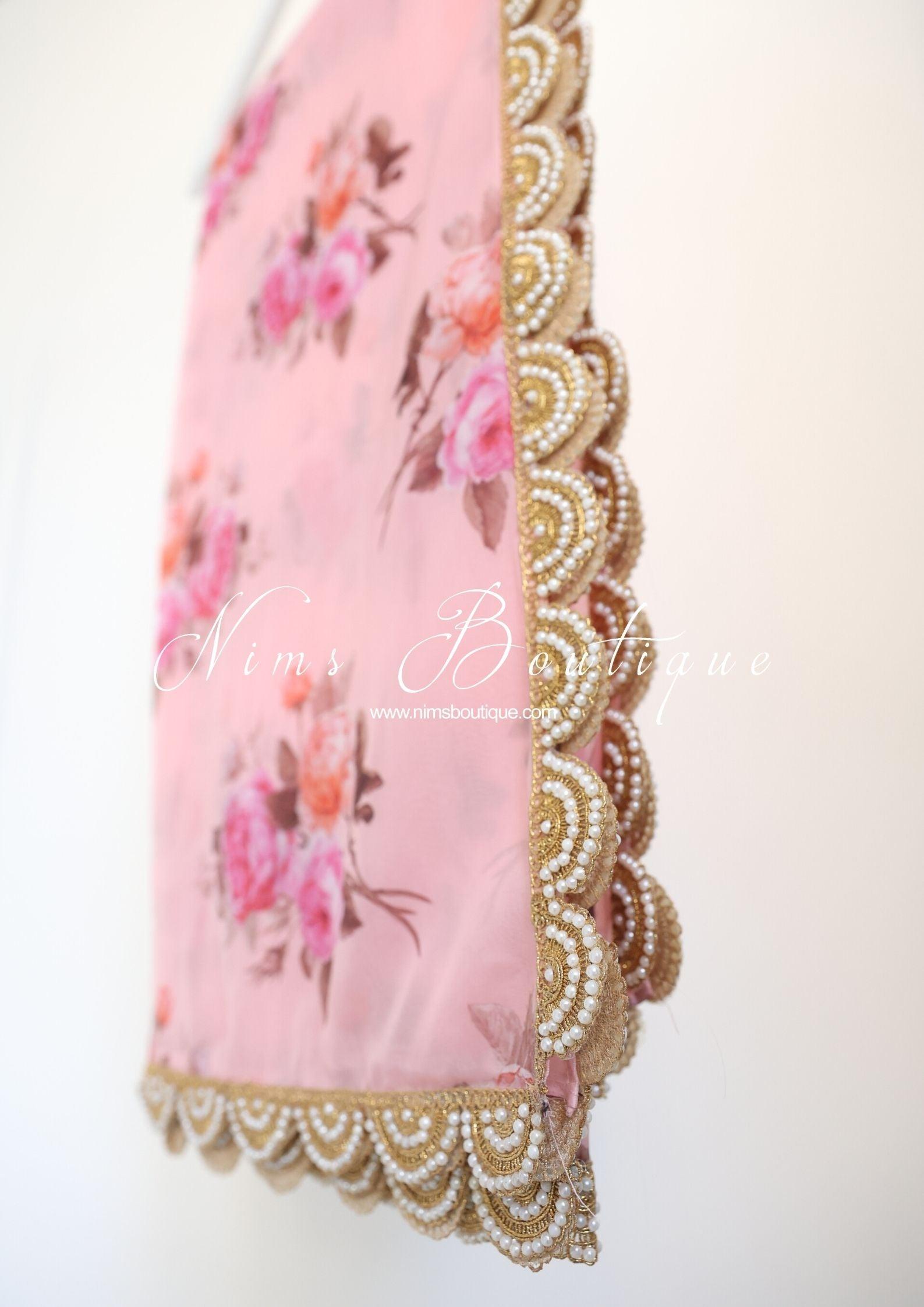 Nims Boutique Luxury Peach Organza Floral Dupatta/Chunni with Pearl Edging