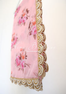 Luxury Peach Organza Floral Dupatta/Chunni with Pearl Edging