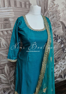 Teal Green Silk Pajami & Trouser Suit with sleeves (10-12)