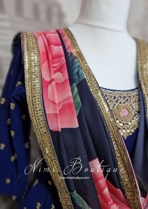 Luxury Navy Embellished & Floral Sharara Suit (10-12)