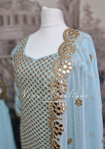Pastel Blue & Gold Embroidered Gharara Suit (Size 12-14)