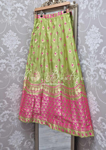 Nims Boutique Lime Green & Hot Pink Brocade Semi stitched skirt/lehnga