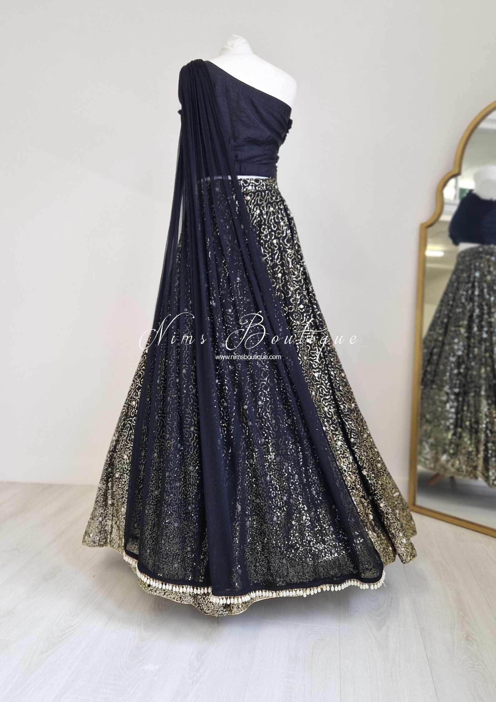 Nims Boutique Arya Black Luxury One Shoulder & Dupatta blouse 6-18