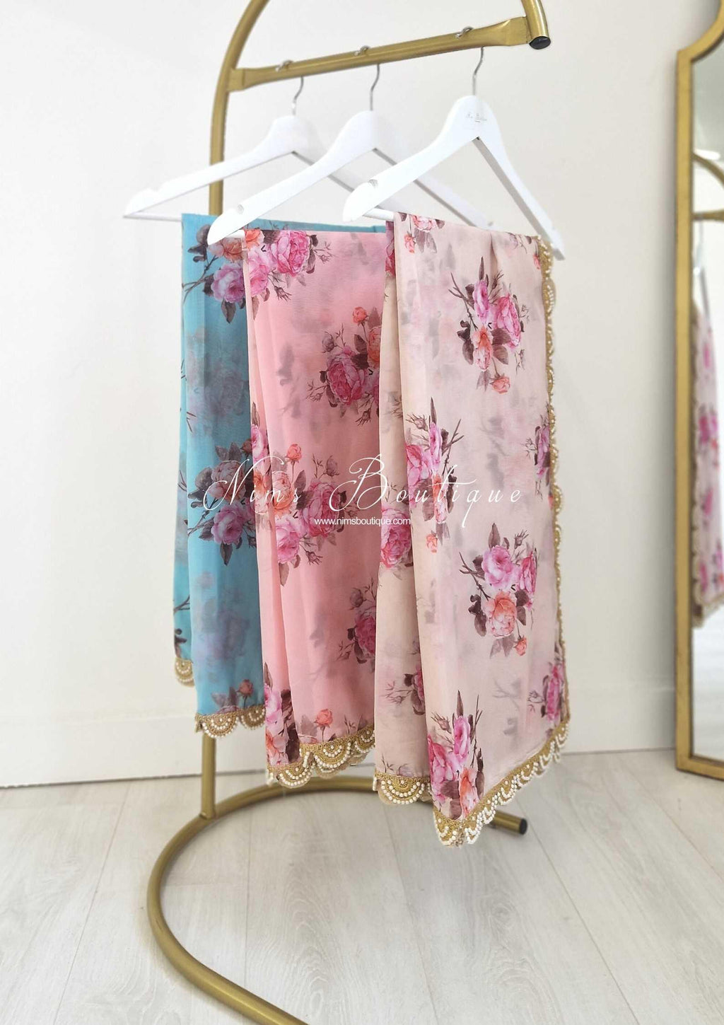 Nims Boutique Dusky Peach Organza Floral Dupatta/Chunni with Luxury Pearl Edging