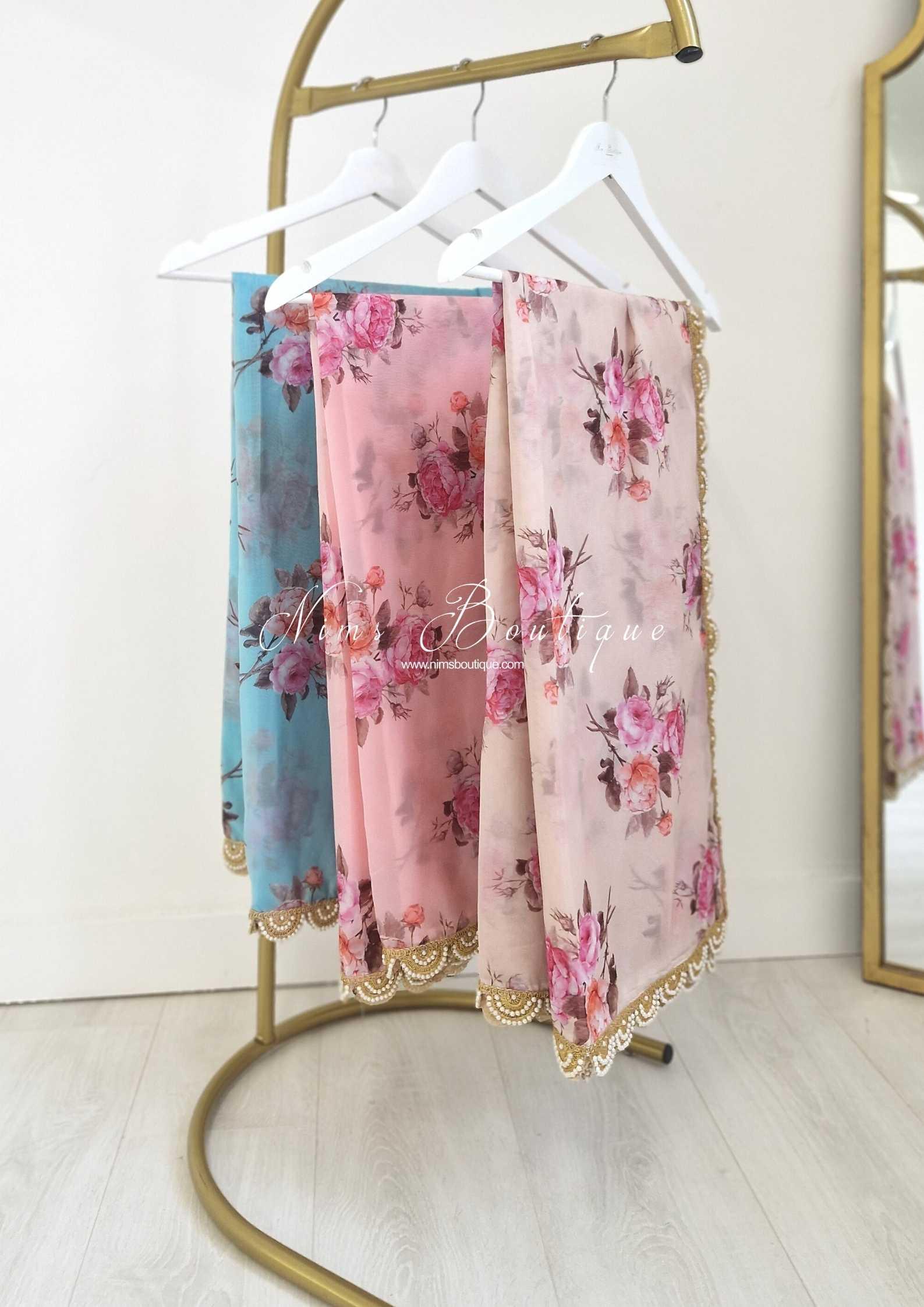 Nims Boutique Dusky Peach Organza Floral Dupatta/Chunni with Luxury Pearl Edging