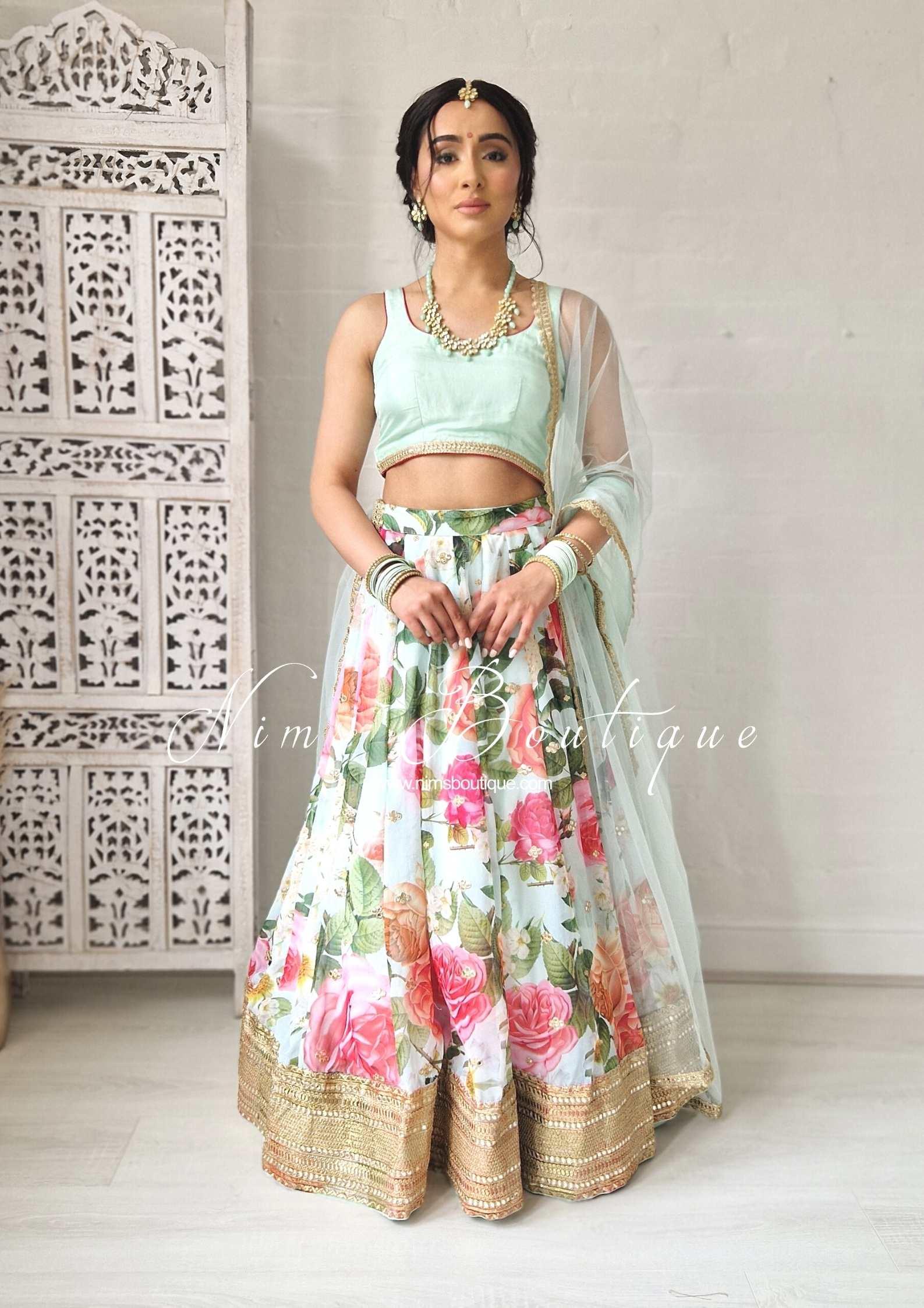 Nims Boutique Tara Luxury Silk Mint & Floral Lehnga