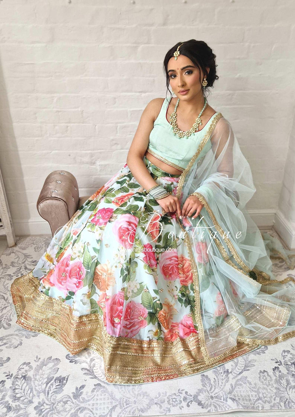 Nims Boutique Tara Luxury Silk Mint & Floral Lehnga
